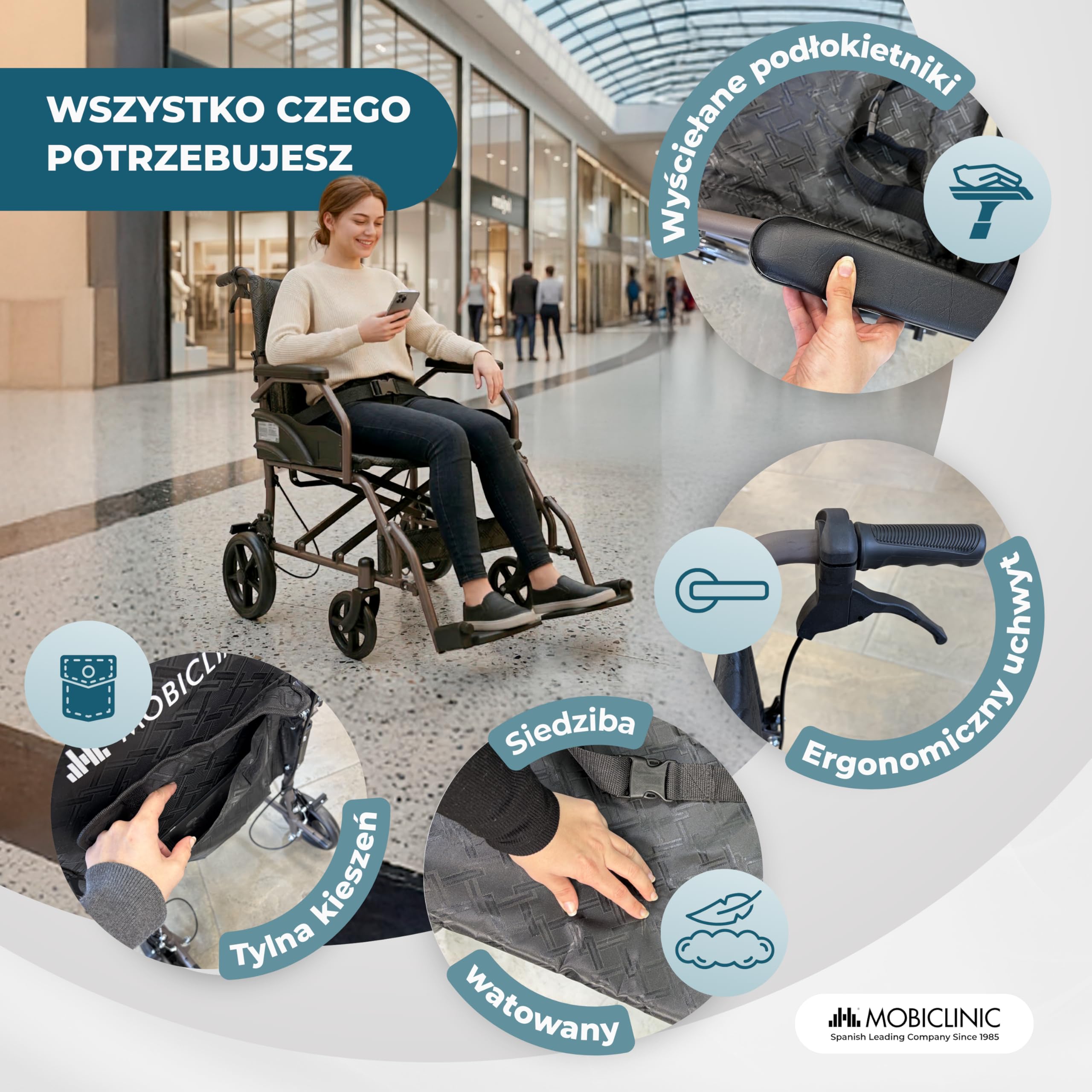 Mobiclinic®, Składany Wózek Inwalidzki, z Oparciem i Podnóżkiem, Podwójny System Hamulcowy, Wyściełane Podłokietniki, Stalowy, Lekki i Kompaktowy, Kefren