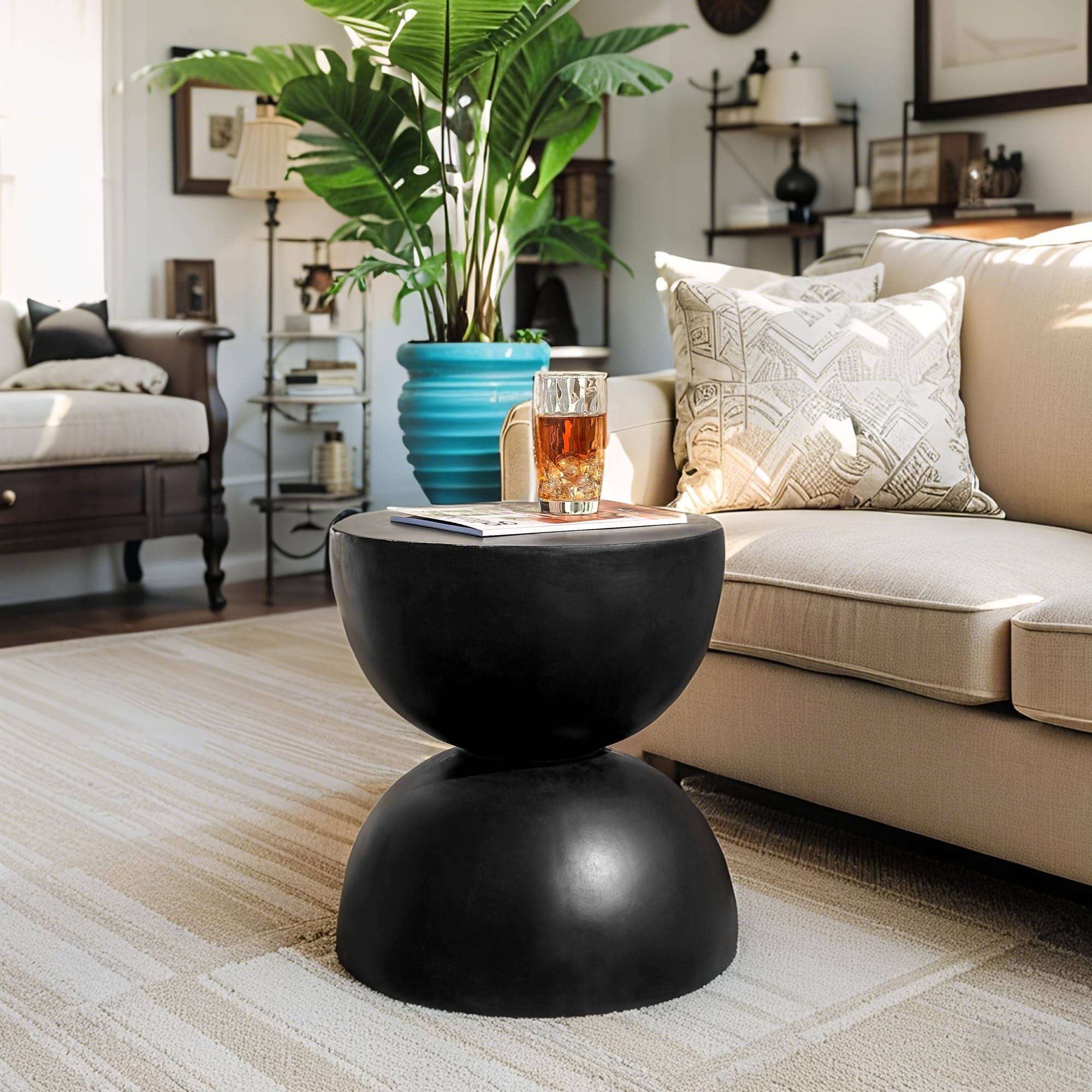 Glitzhome Accent Tables Living Room, Outdoor Small Round Side Table Nightstand, MgO Faux Terrazzo Bedside Table, Decorative Garden Stools Plant Stand for Bedroom Patio Deck, Black