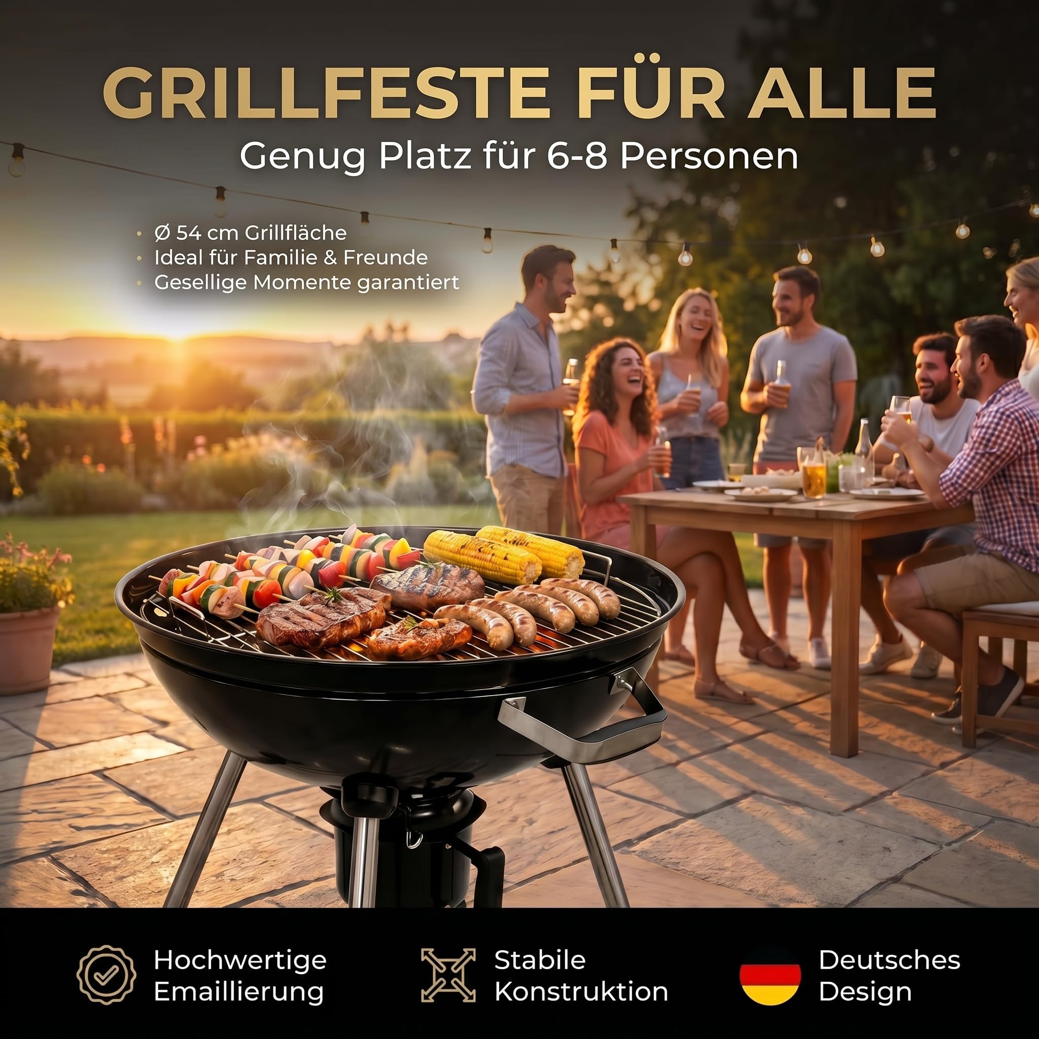 Kugelgrill 54 cm Holzkohlegrill mit Deckel & Thermo-Luftregulierung – Große Grillfläche Ø54 cm – Mobiler BBQ Grill mit Aschebehälter & Ablage – Holzkohle Standgrill für Garten & Terrasse