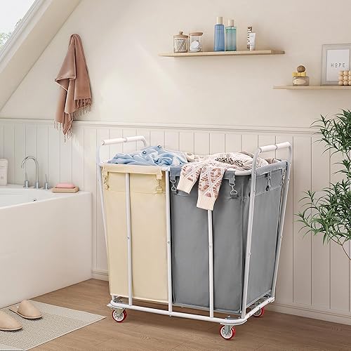 Miniatura 6 de Hoctieon Carrito clasificador de lavandería de 2 secciones, cesta de lavandería rodante con ruedas, organizador de cesta de lavandería resistente,
