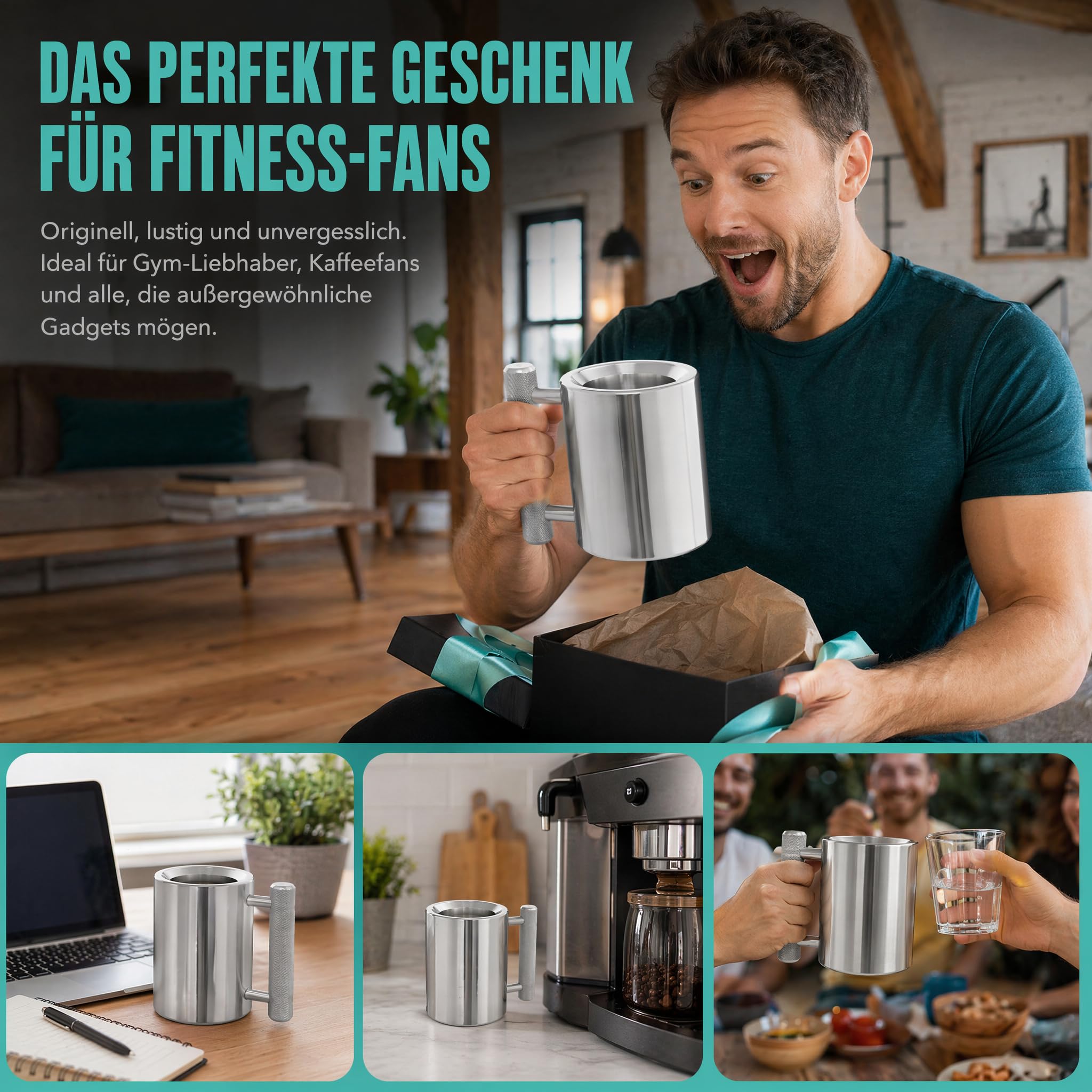 Edelstahl Tasse Schwerer Becher 10 kg, Kurzhantel Kaffeetasse aus Edelstahl 304, Hantel Wasserbecher 400ml, Fitness Sport Wasserbecher für Gym Workout, Lustiger Kaffeebecher Geschenk, Silber