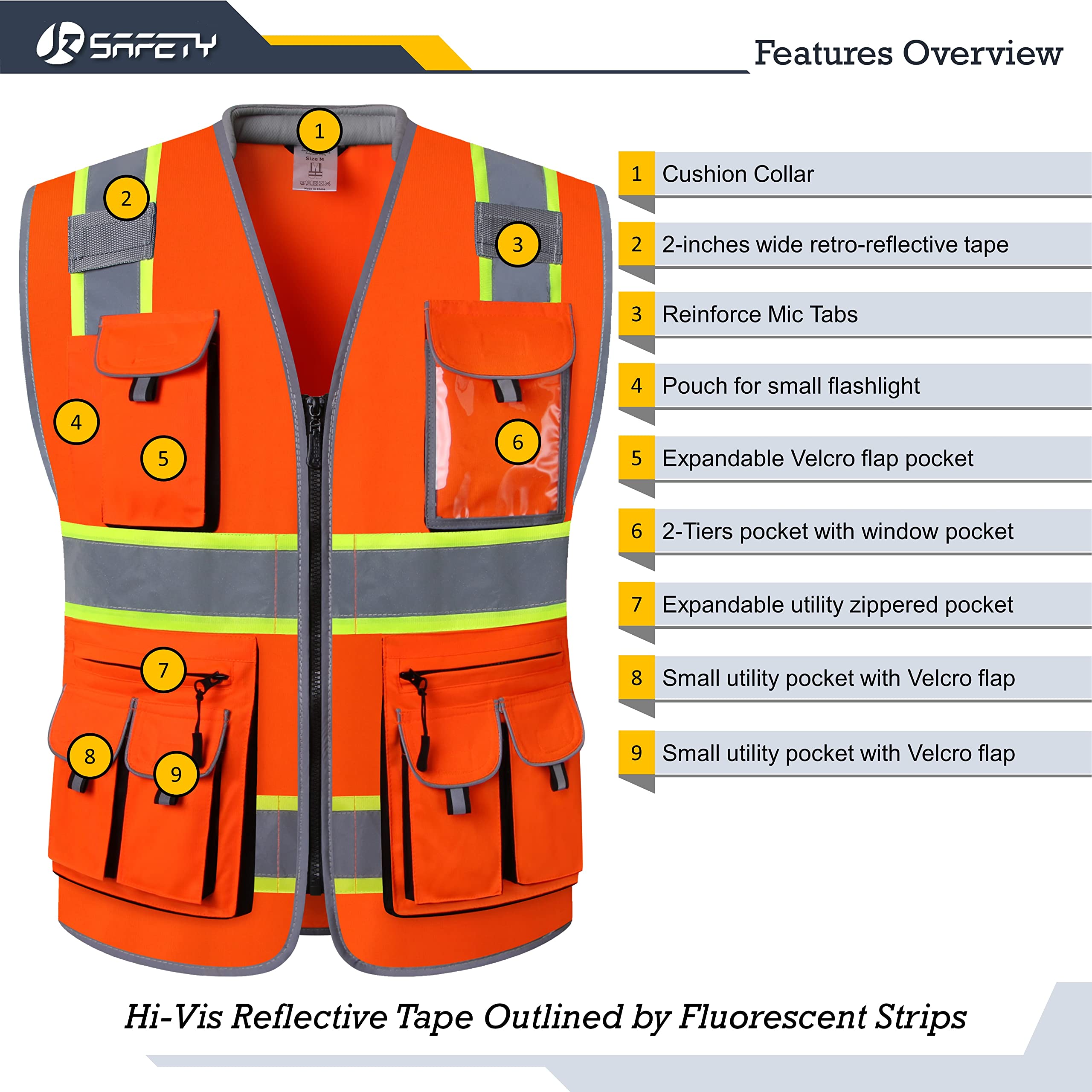 JKSafety Gilet de sécurité haute visibilité avec 10 poches pour hommes et femmes avec fermeture à haute visibilité ANSI/ISEA Classe 2, Oranget1s1, L, Orange 1s1, L
