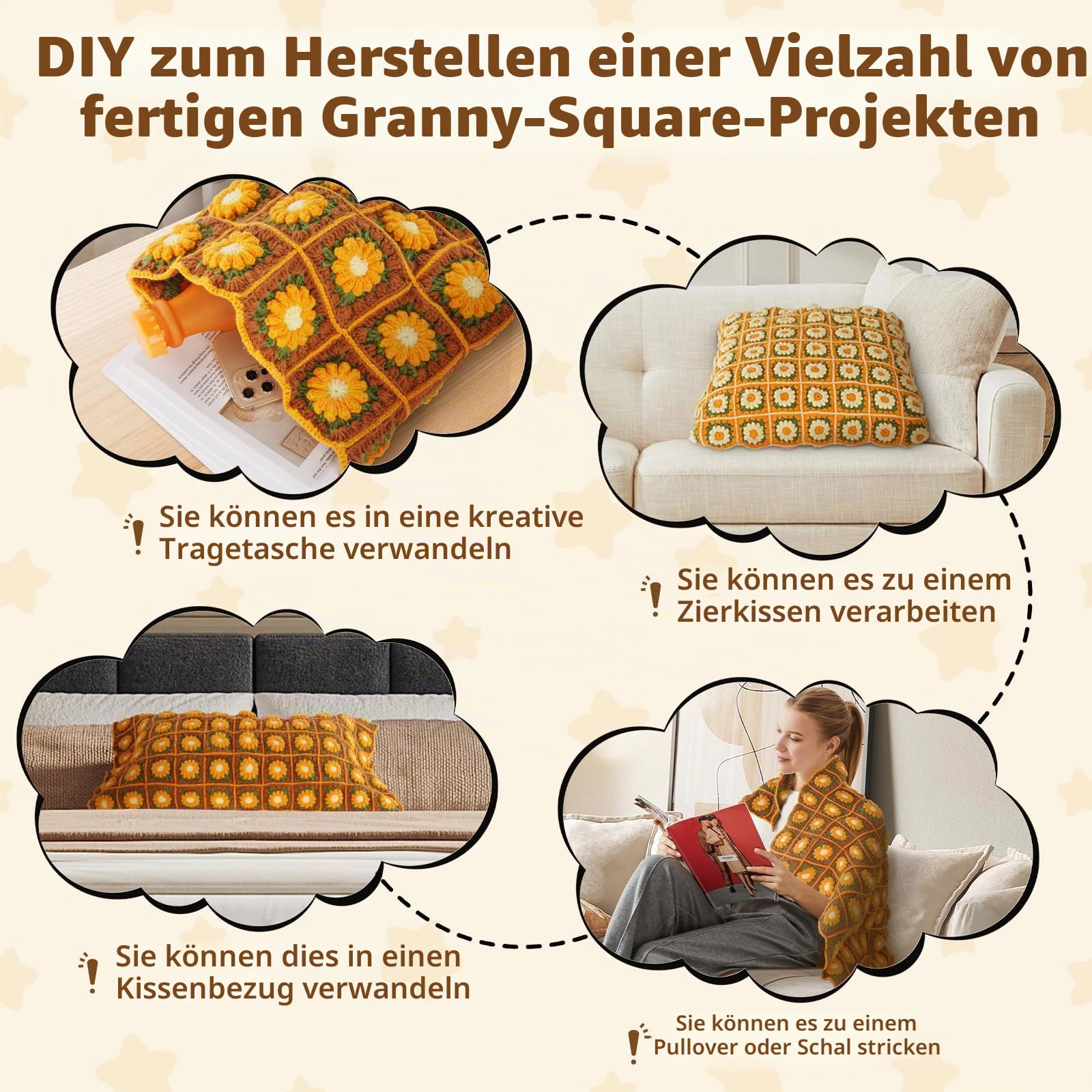 WILSHIN Häkelset für Decken für Anfänger, Häkelset für Granny Squares-Decken mit weichen Garnen, ausführliche Anleitungen und Schritt-für-Schritt-Tutorials, einfaches Strickset (braune Sonnenblume)