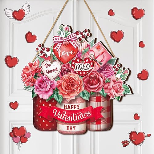 Letrero de madera con texto en inglés «Happy Valentine» para puerta de casa de campo con corazón de rosa para porche, casa de campo, San Valentín,
