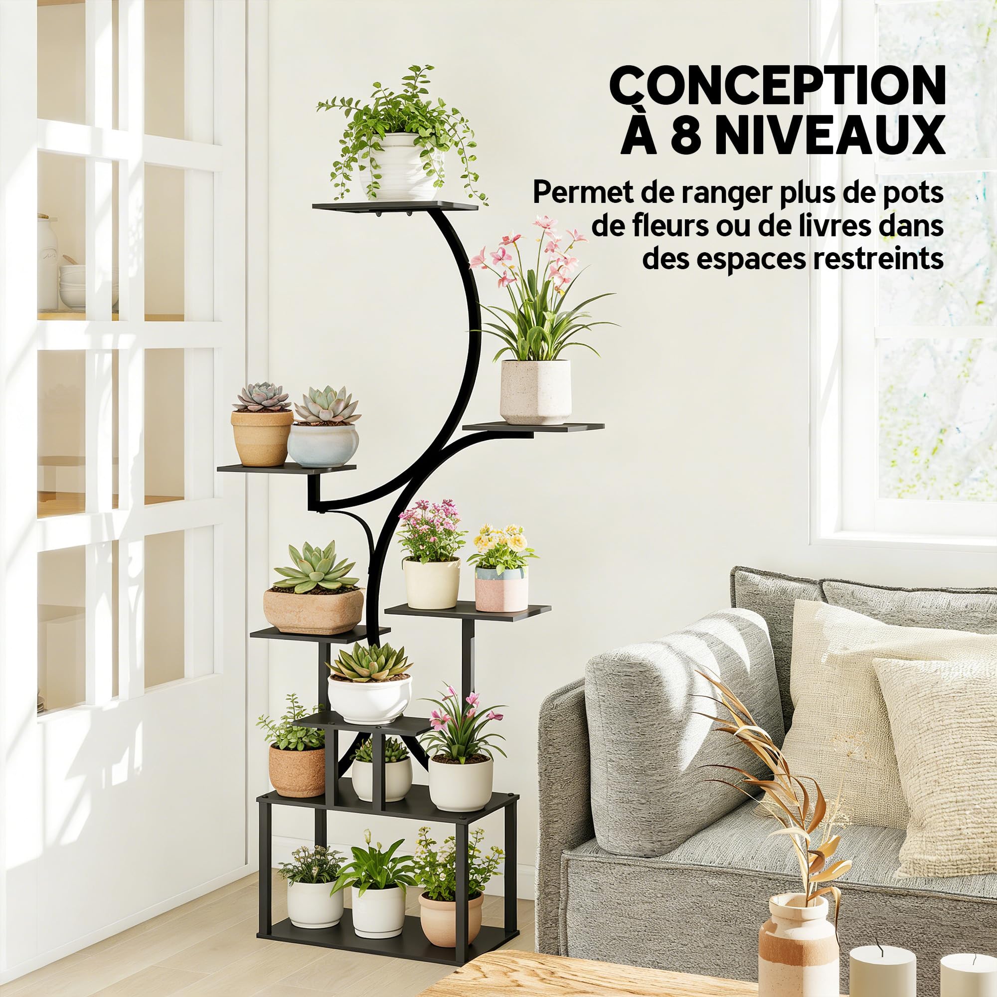 Outsunny Étagère à Fleurs en Métal à 8 Niveaux, Étagère à Plantes en Forme de S 158,5 cm, Support de Plantes, Intérieur et Extérieur, pour Jardin, Balcon, Terrasse ou Coin du Salon, Noir