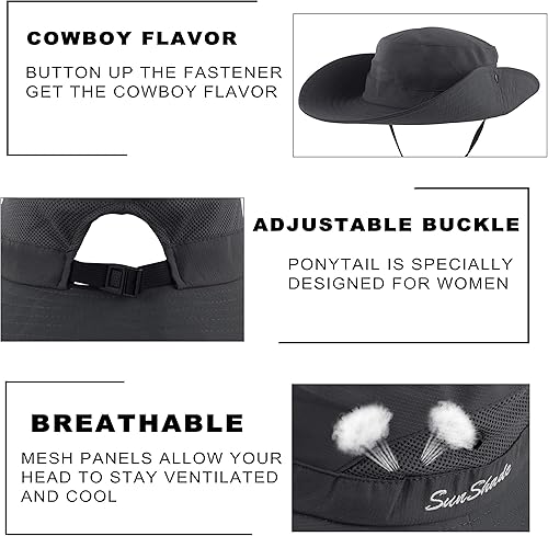 Miniatura 5 de Muryobao Paquete de 2 sombreros de sol para mujer, de ala ancha, protección UV, con agujero para cola de caballo