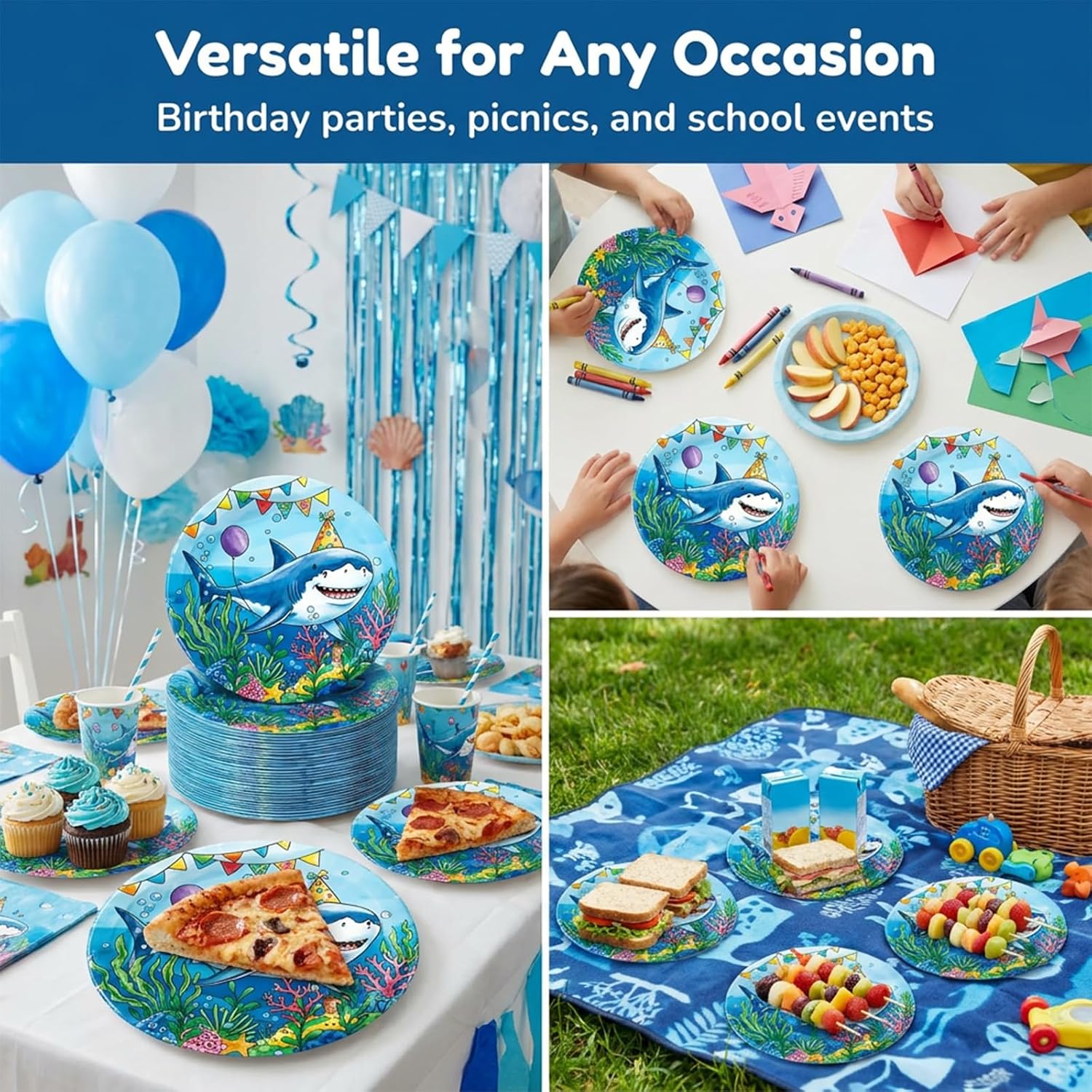 100Pcs Disposable Plates with Blue Shark Pattern, 7-Inch Ocean Themed Party Decor for Holiday Family Gatherings image 4