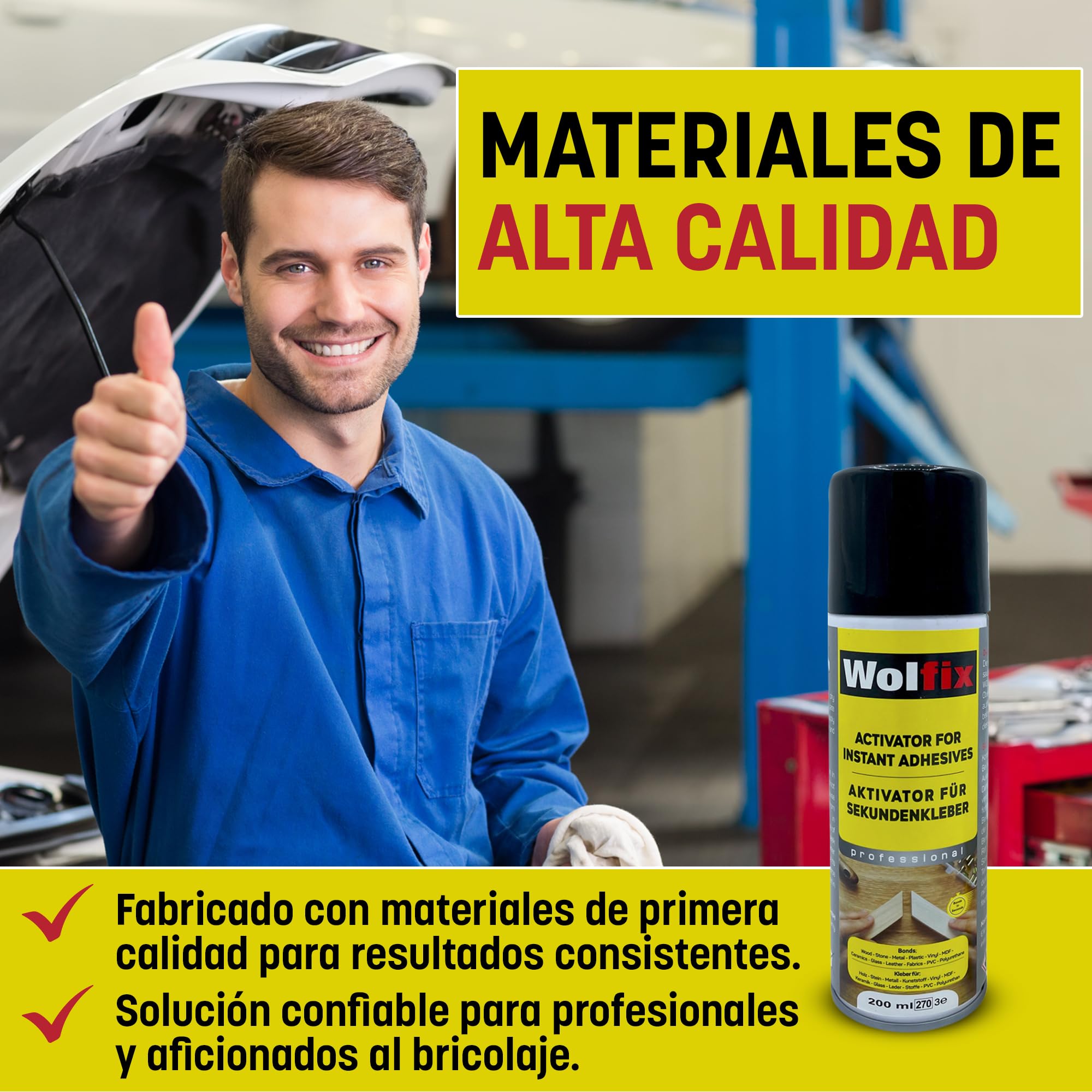 Wolfix Activador para superpegamento 200 ml spray activador superadhesivo cianoacrilato – La fórmula turbo para una adherencia inmediata y resultados duraderos (5)