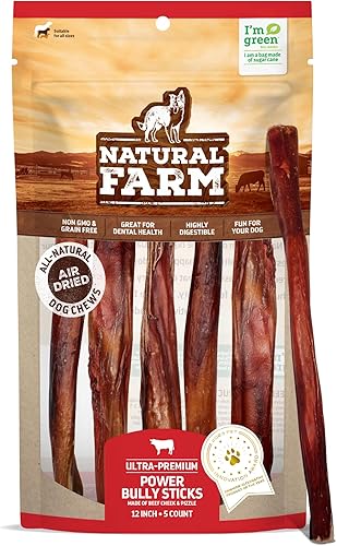 Natural Farm Power - Palitos de carne de toro masticables para perros (12 pulgadas, paquete de 5), masticables potentes 2 en 1 Golosinas dentales