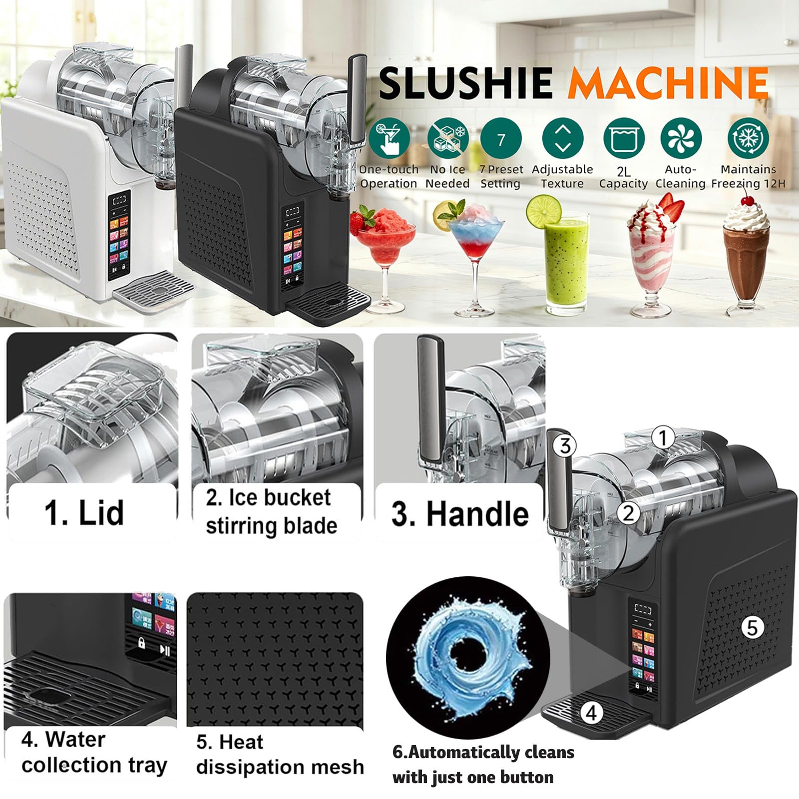 Máquina De Granizados Para El Hogar, Para Helado Suave, Sin Hielo, 7 Programas Preestablecidos, Autolimpieza, Congelación Rápida, Para Granizados, Frappés Y Smoothies. Margaritas SingleBowl-Black