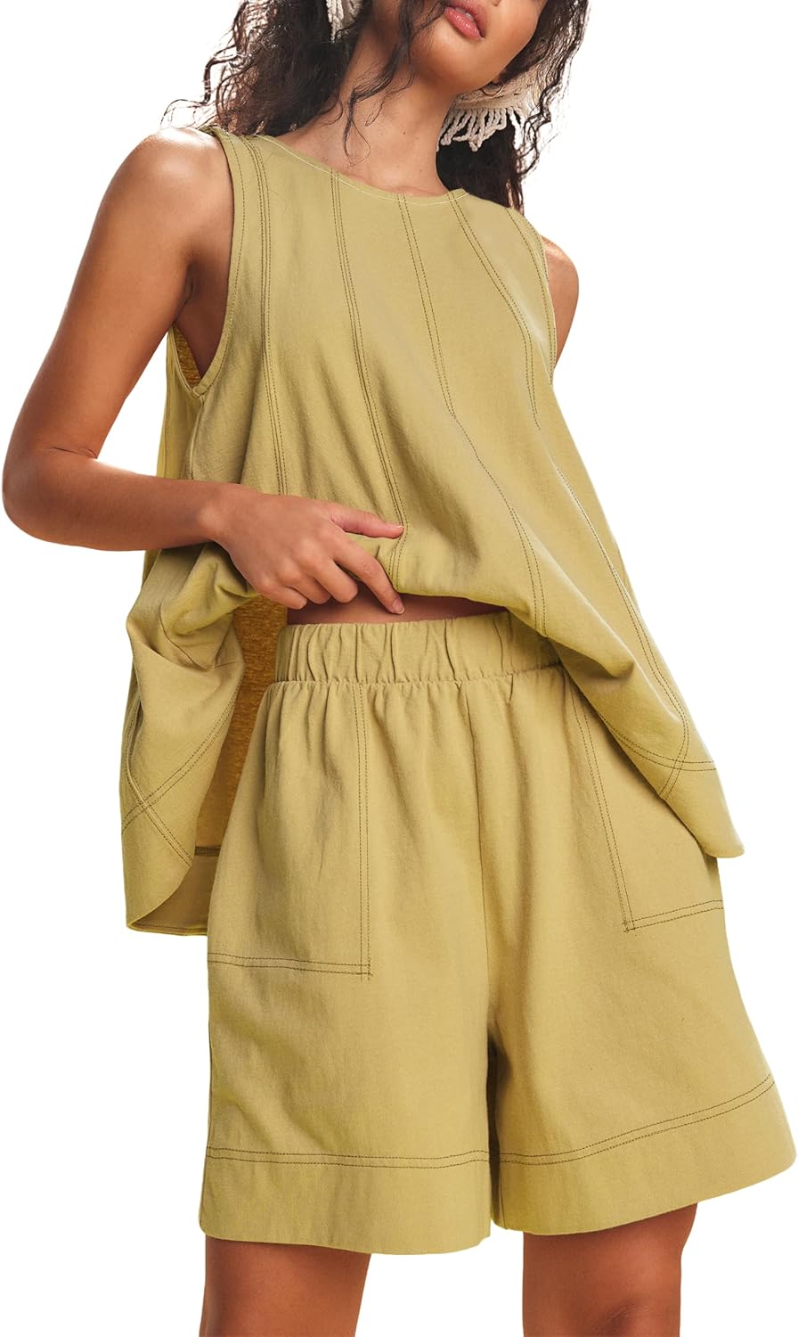 Tomosc Womens 2 Piece Lounge Set Casual Summer Outfits Sleeveless Tank Top and Elastic Waist Shorts with Pockets