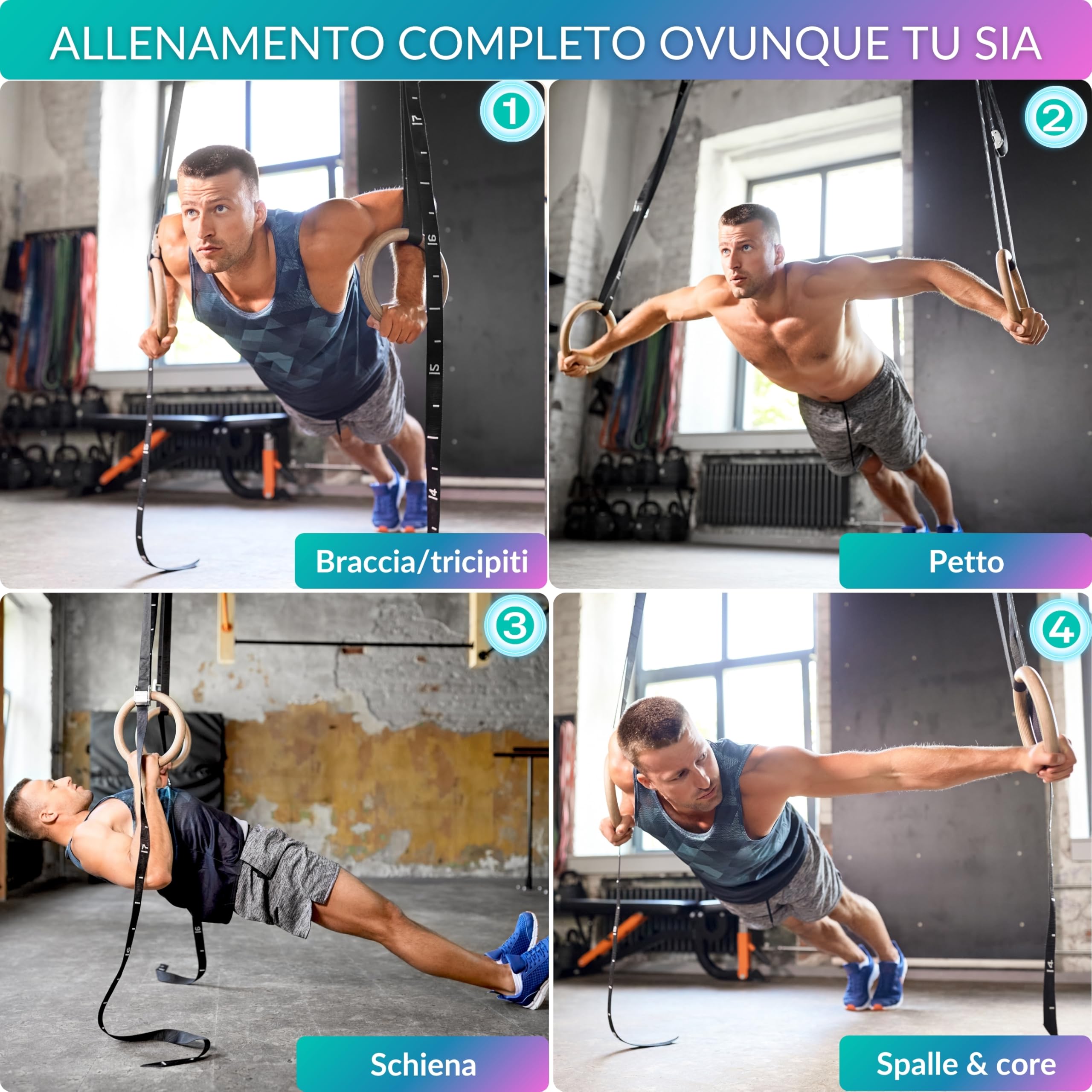 Anelli Calisthenics 32 mm - Anelli Ginnastica Legno per Crossfit e Palestra in Casa, Cinghie 450 x 3,8 cm con Marcature, Carico Massimo 250 kg, Nastri di Grip per Anello, Guida PDF
