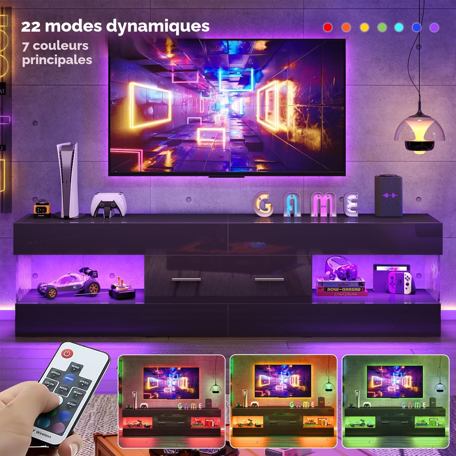 Bestier Meuble TV pour téléviseurs 65 Pouces,Meuble TV Moderne laqué Brillant avec Panneaux latéraux Effet Pierre,Centre multimédia LED avec Grand tiroir,Console TV pour Salon et Chambre(Noir)