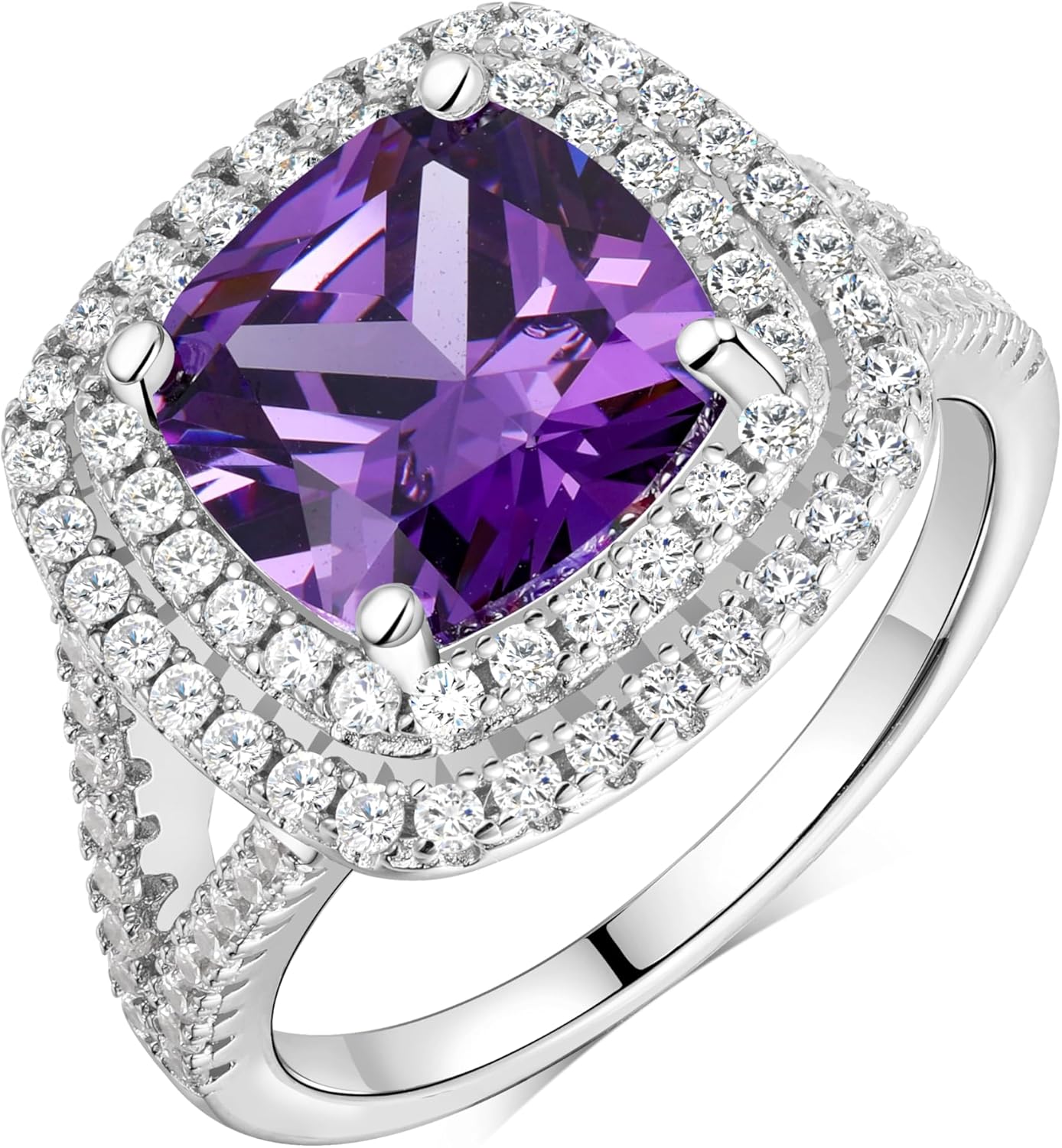 Cushion Cut Engagement Ring for Women CZ Inlaid Double Halo Rings Wedding Valentines Day Jewelry White Gold Plated Silver Aquamarine/Alexandrite/Opal Rings for Lover Wife, Size 5-10