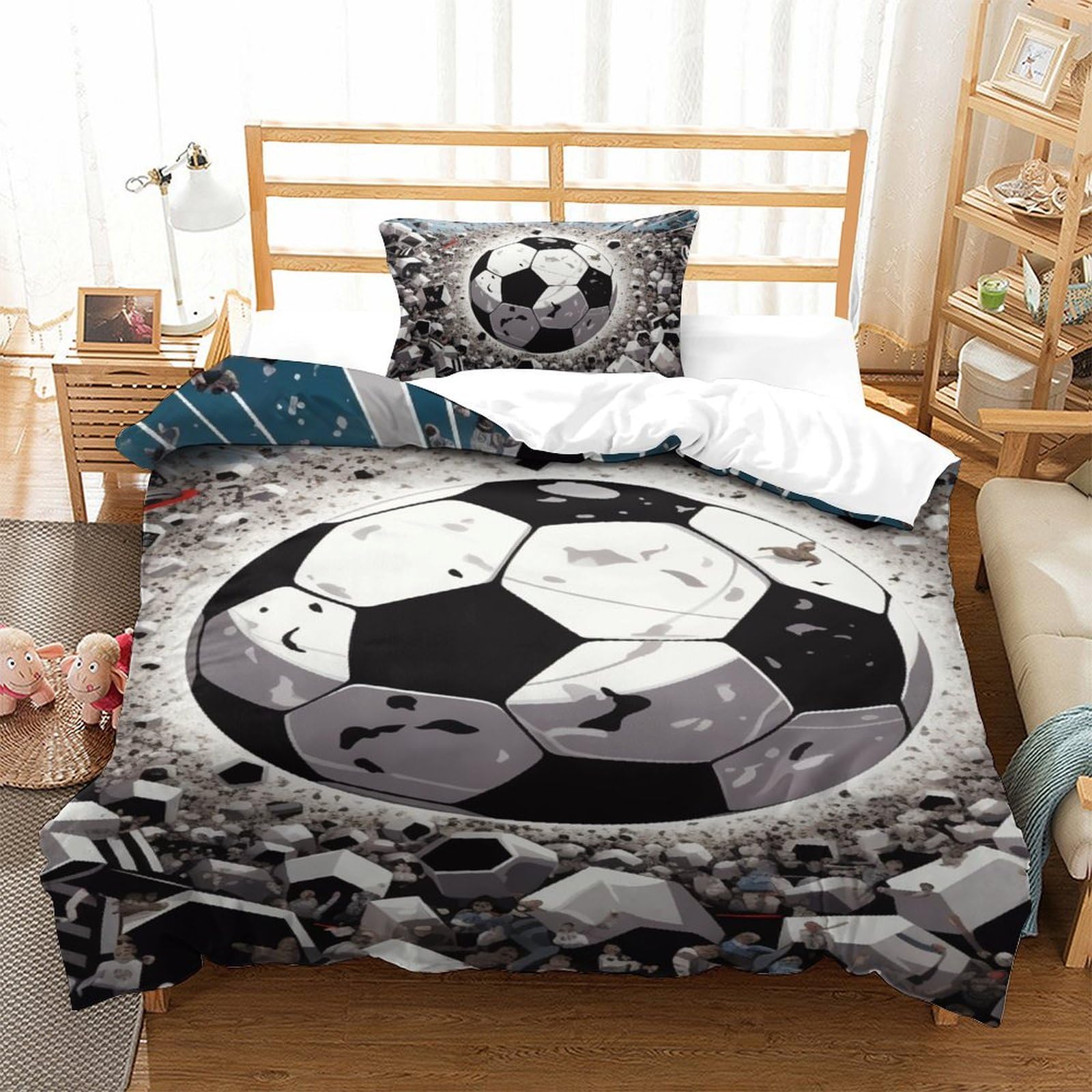 Housse de couette respirante 135x200cm football avec fermeture éclair lit 1 place