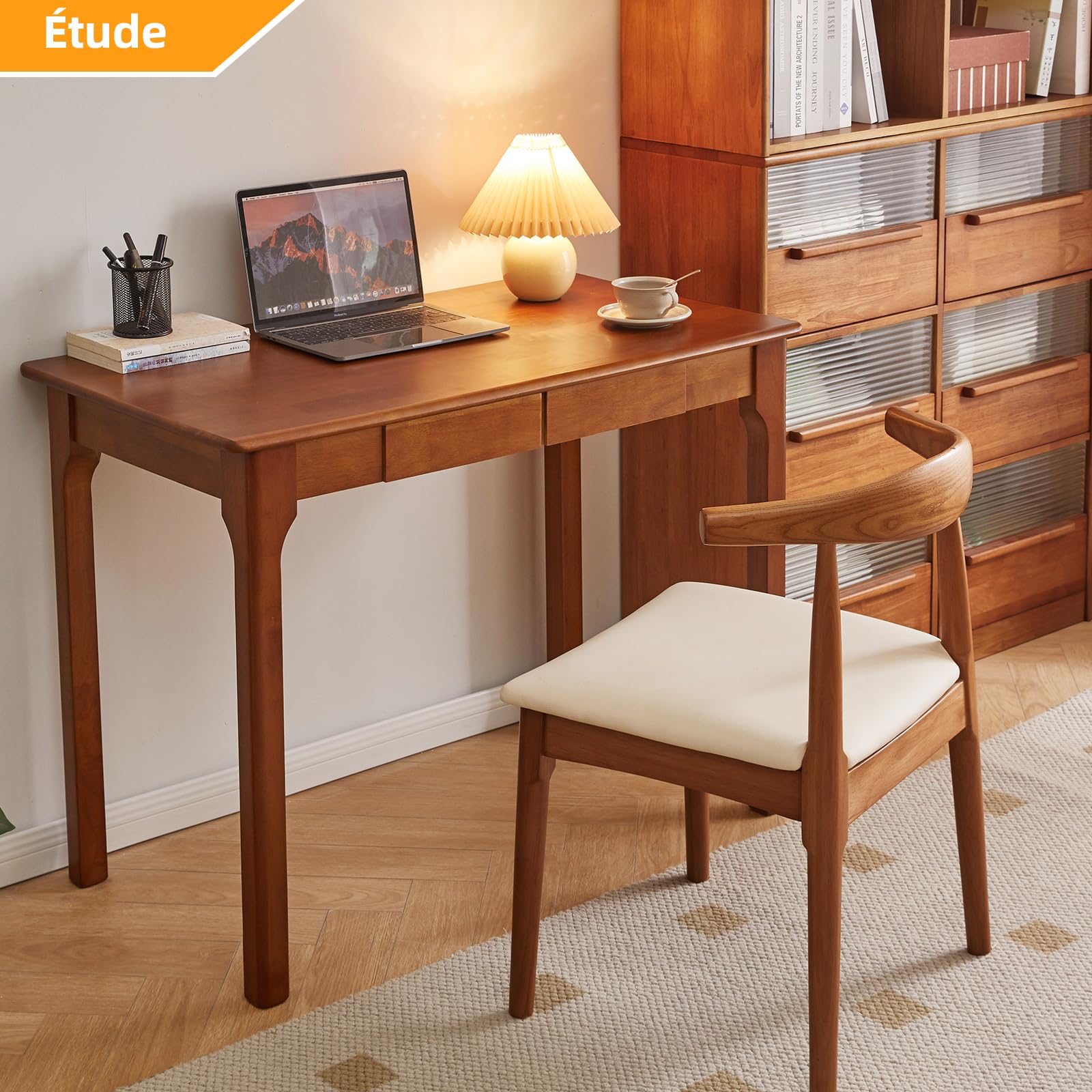Aibiju Bureau en Bois Massif avec 2 Tiroirs idéal pour Le Travail, Les études, Bureau d'ordinateur pour étudiant ou Chambre, Petite Table pour Petits Espaces, Brun foncé YD-WD04H
