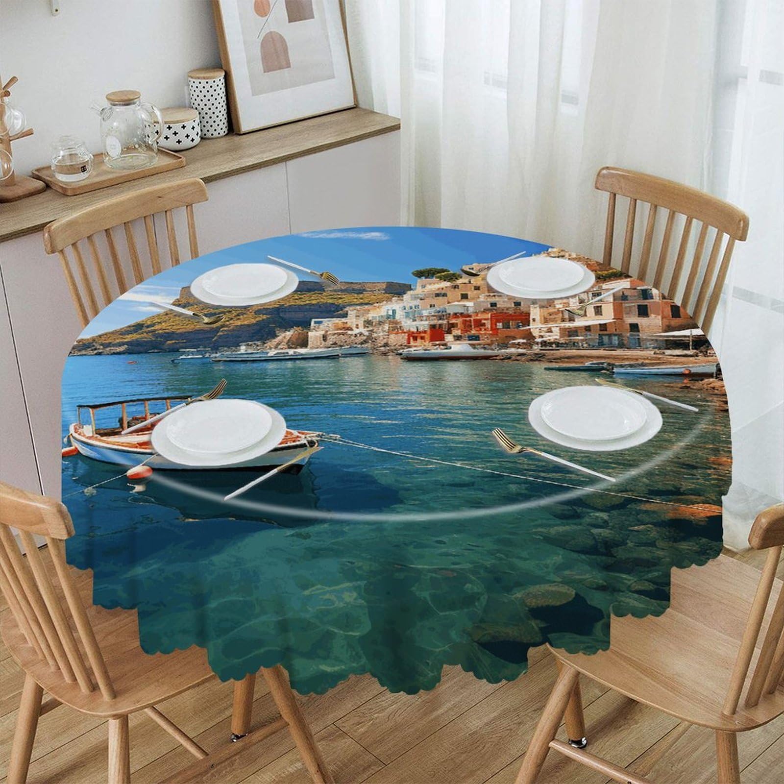 Adfgyerh Style Seaside Town Table Cloth Easy To Clean, Home Decor Lace Design, Soft And Comfortable, Round Tablecloth Suitable For Homes, Restaurants, Hotels, Patio Tables, Etc.