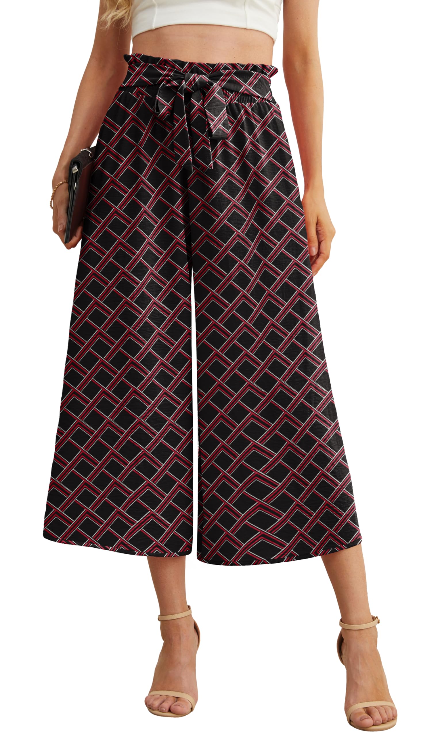 IWOLLENCE Women Flowy Loose Wide Leg Pant Summer Beach Casual Trousers high Waist Adjustable Knot Business Work Casual