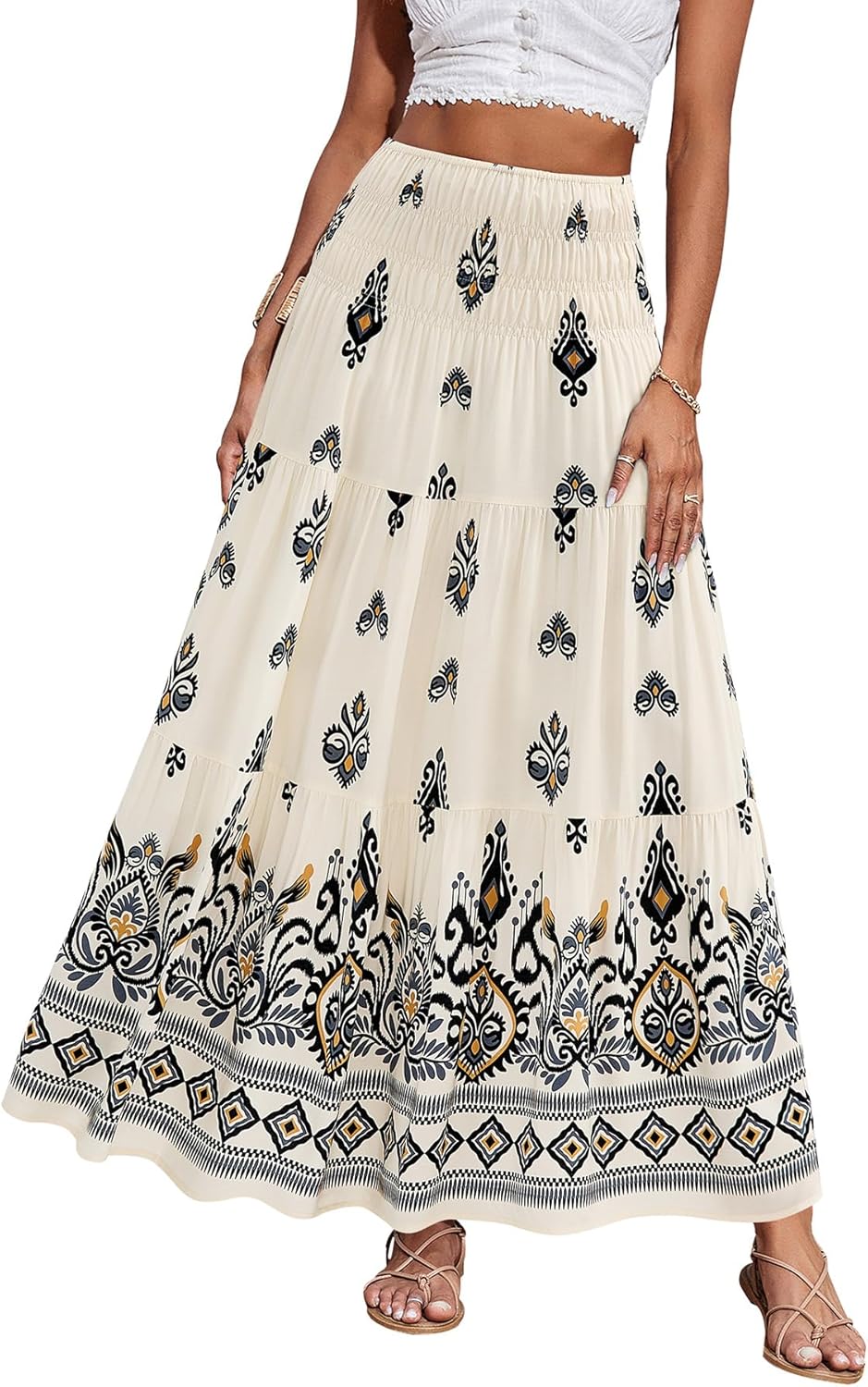 CFLONGE Summer Maxi Skirts for Women 2026 Fashion Boho Long Skirt Trendy Floral High Waist A Line Beach Skirt Vacation Outfit