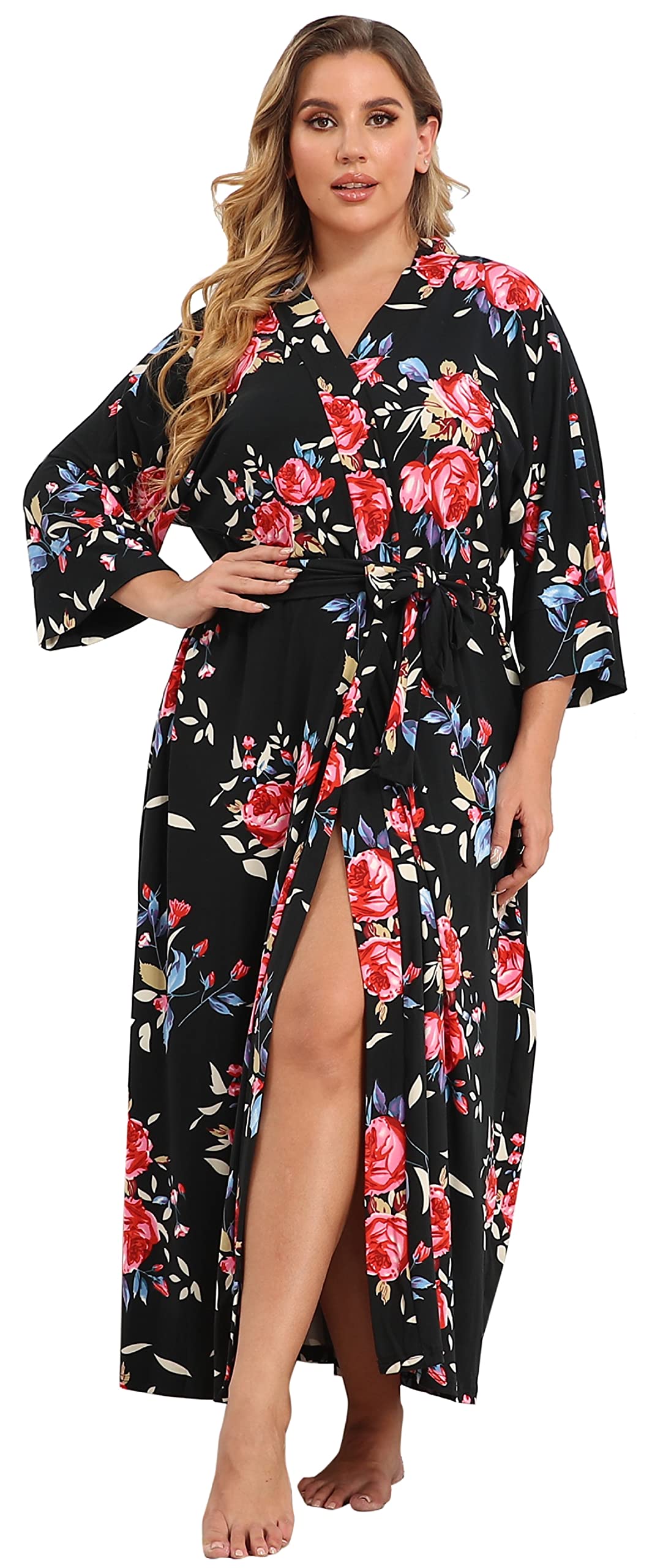Women's Plus Size Cotton Kimono Robes Soft Long Knit Bathrobes Lightweight Sleepwear V-Neck Ladies Loungewear