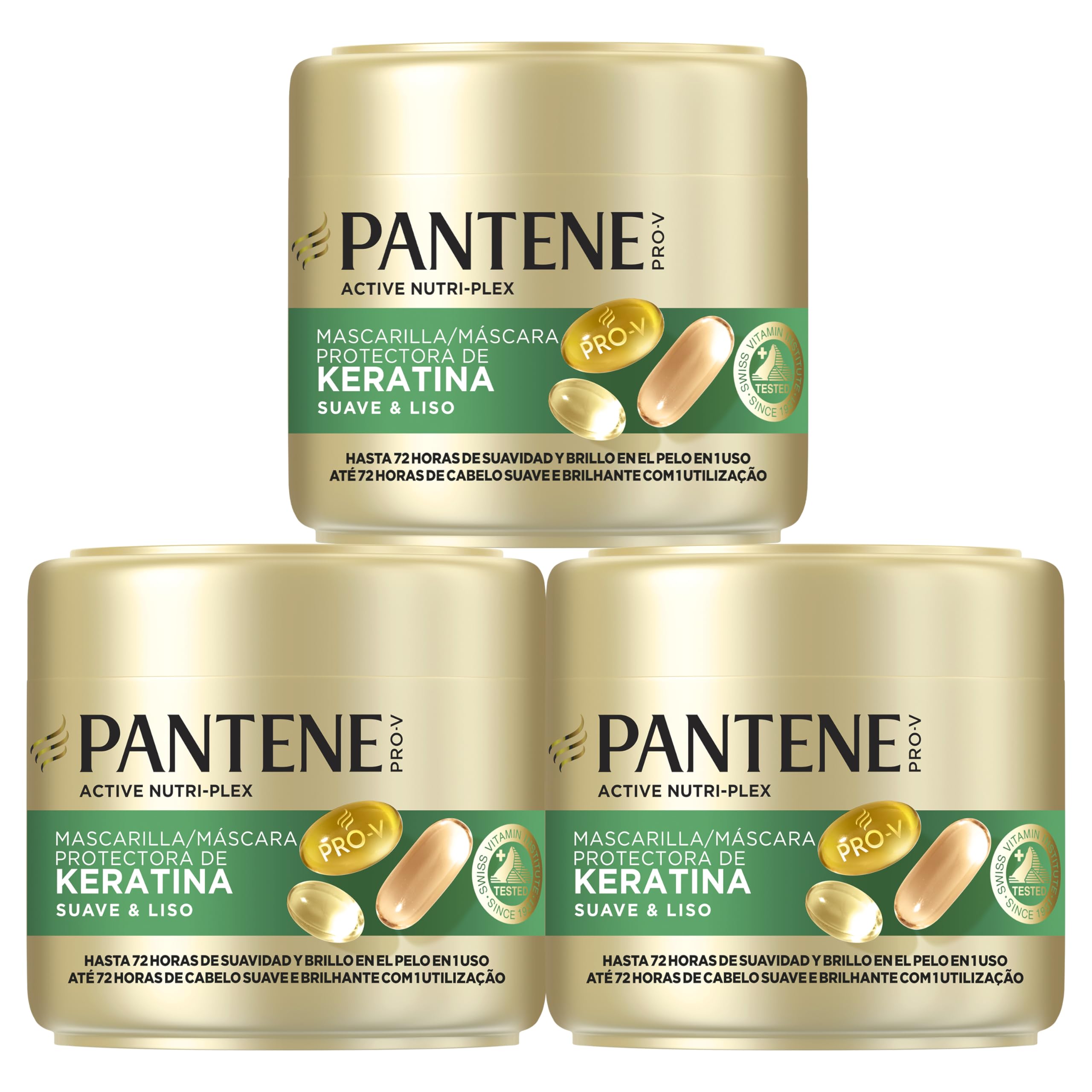 Pantene Pro-V Suave Y Liso Mascarilla Protectora De Keratina 3X300ml Para Pelo Encrespado Y Seco. Hasta 72H De Pelo Suave Y Brillante En Un Solo Uso