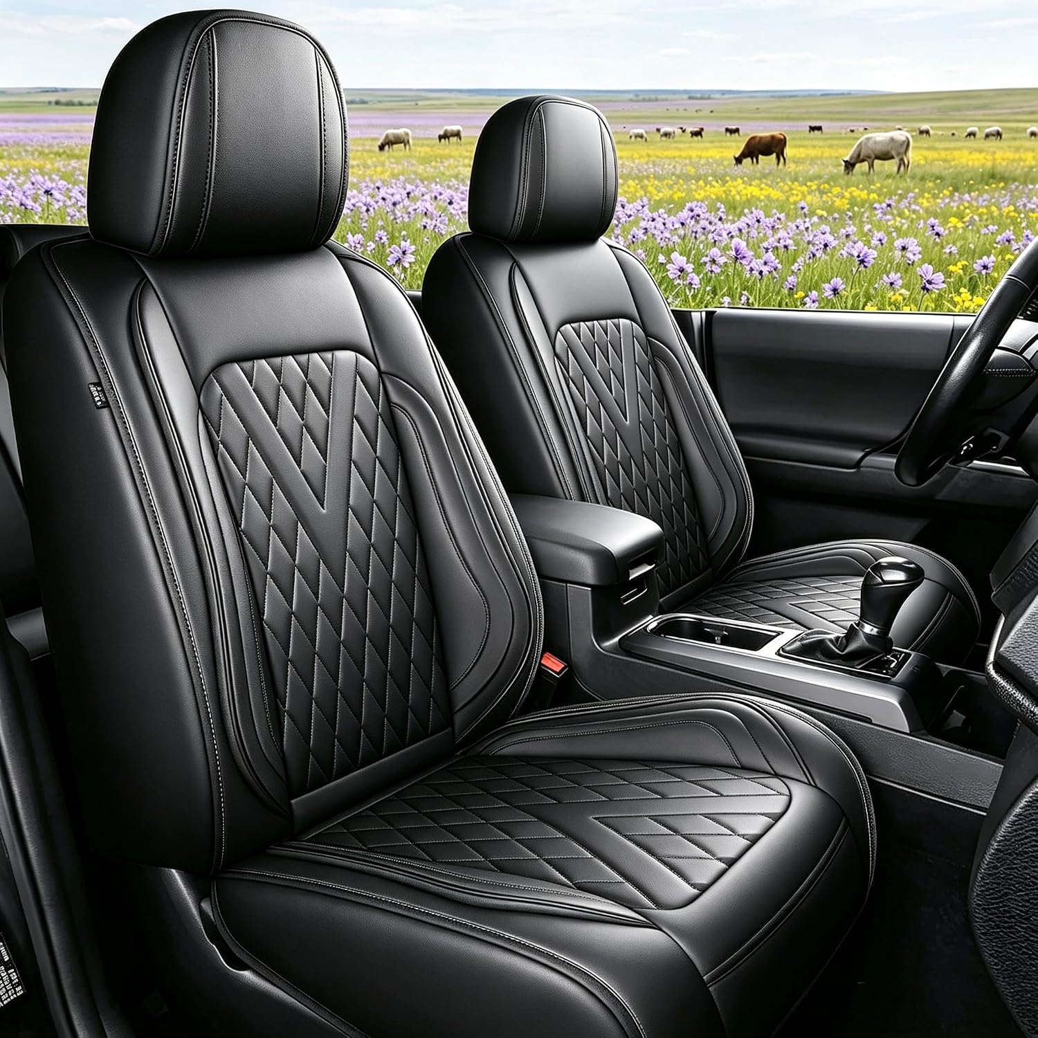 TTX LIGHTING Custom Faux Leather Front Seat Covers, Fit 4th Gen Toyota Tacoma 2024-2026, Double Crew Cab, Black Seat Cushion Protector