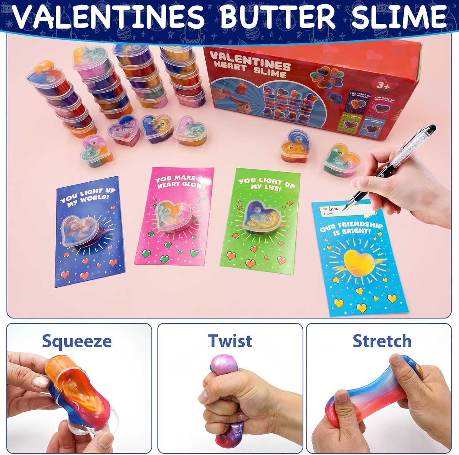 28 Packs Valentines Day Gifts for Kids, Valentines Galaxy Hearts Slime with Valentines Cards Stress Relief Fidget Toy School Classroom Prizes Exchange Gifts for Kids Boy Girl Valentine Party Favors