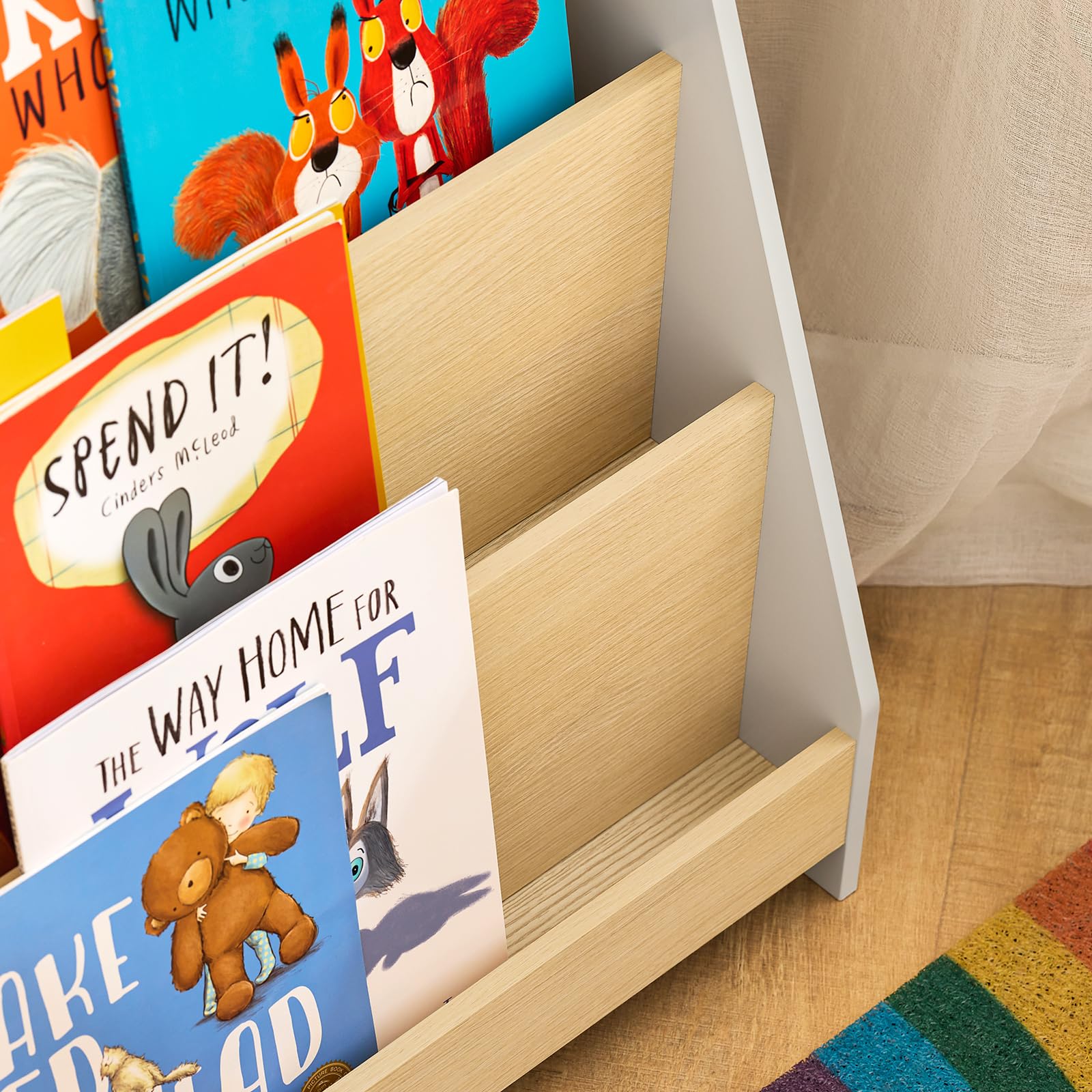 SoBuy Libreria per Bambini Scaffale a Scala Scaffale Portaoggetti Libreria a Scala Grigio-Naturale 61x30x71cm KMB106-HG