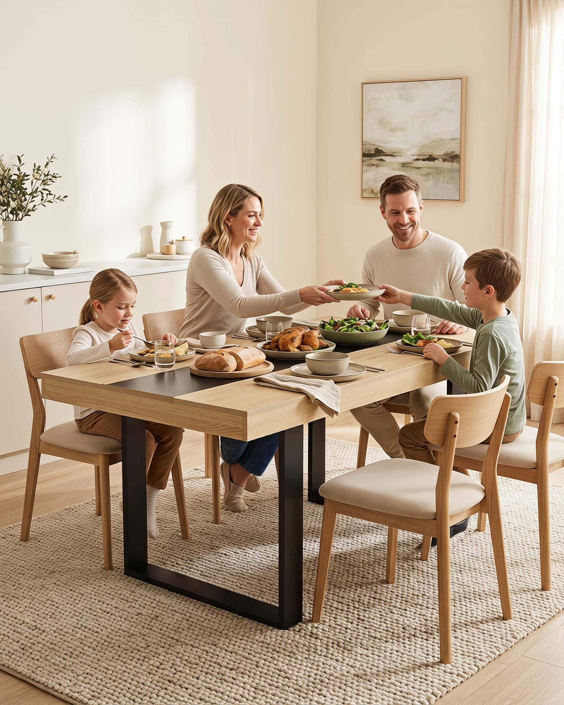 Mesa de Comedor Madera Haya Mesa Cocina 4 a 6 Personas 160×80×75cm | La franja central negra y el marco grueso crean un estilo industrial mientras dos bastidores de madera en U aportan apoyo