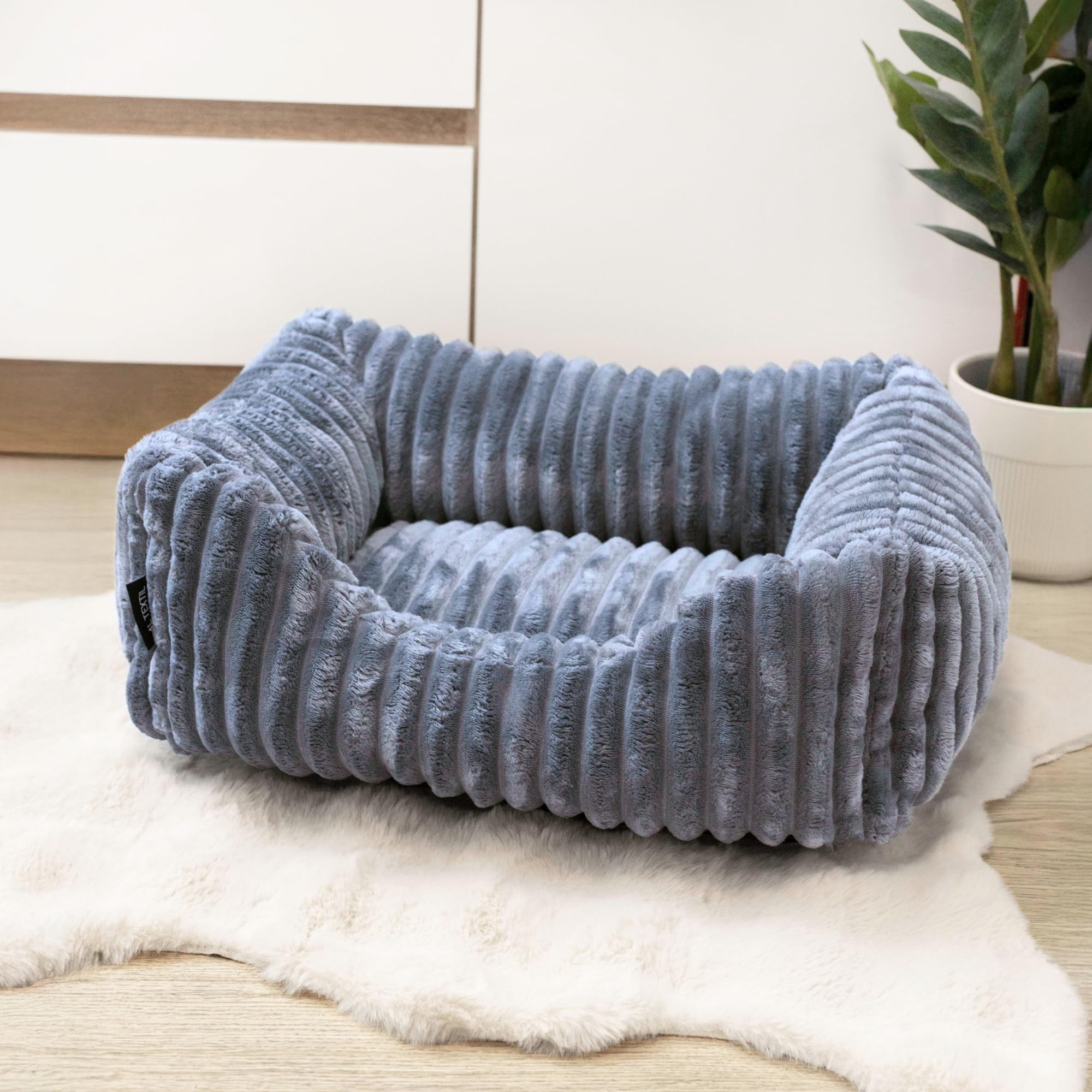 4L Textil Bella Plüsch-Hundebett Premium-LINE Kuscheliges Hundekörbchen aus Cord Katzenkorb Hundekorb für Welpen Hundebett flauschig Hundesofa kleine Hunde (Dunkelgrau, 90x70 cm)