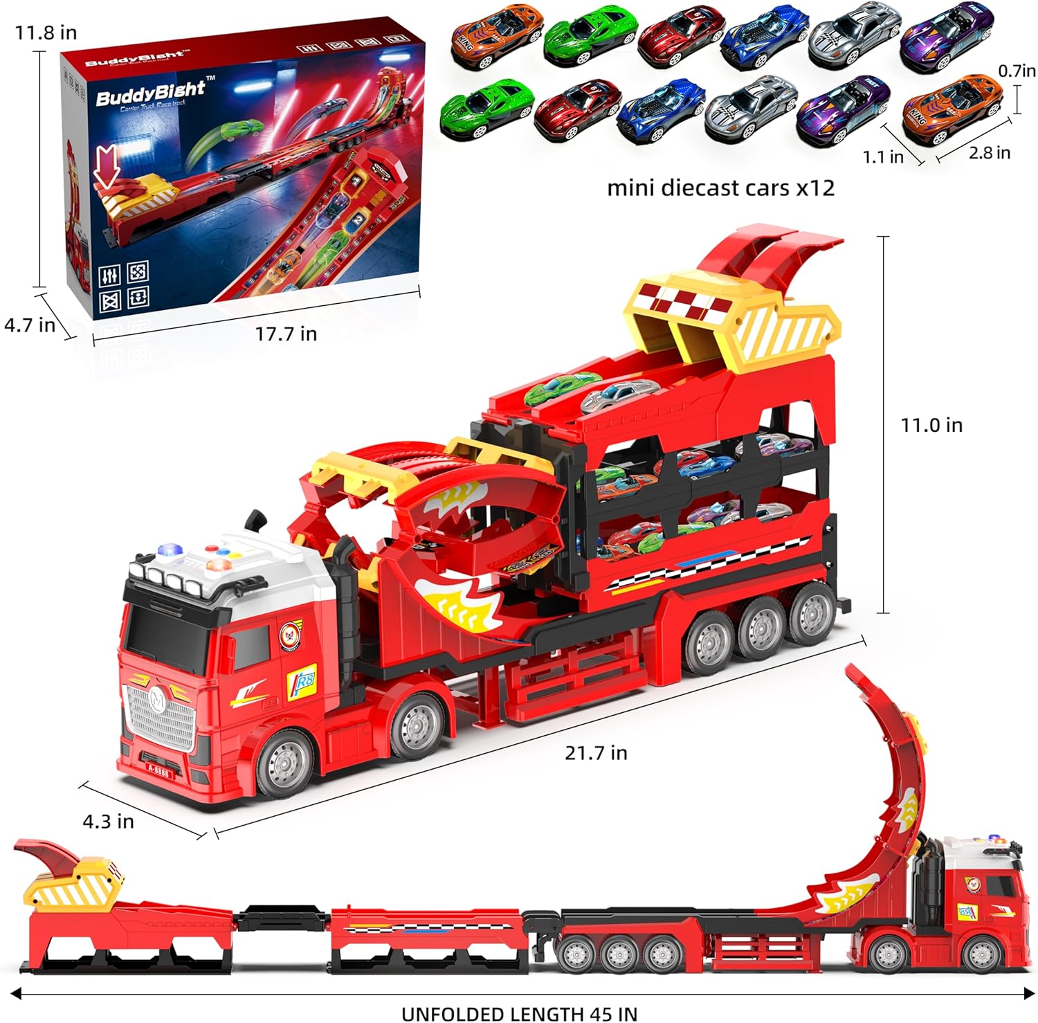 3in1 Carrier Truck with 45-Inch Foldable Race Track, Toy Trucks for Kids Ages 4-8 w/12 Metal Diecast Cars Toys, Trucks for Toddlers 2-4 Years w/Light & Sound, Kids Toys Gift for Boys & Girls Age 3+