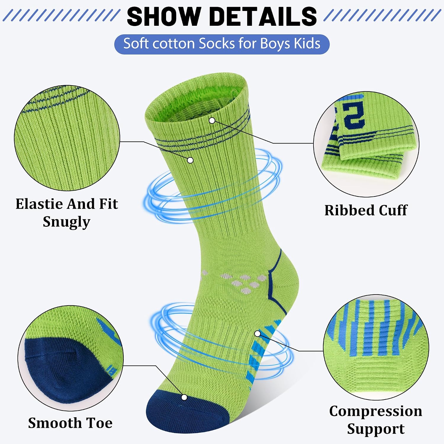 Tphon Kids Boys Socks Athletic Basketball Cushioned Sports Running Training Sock Youth Crew Cotton Breathable Socks 4 Pairs