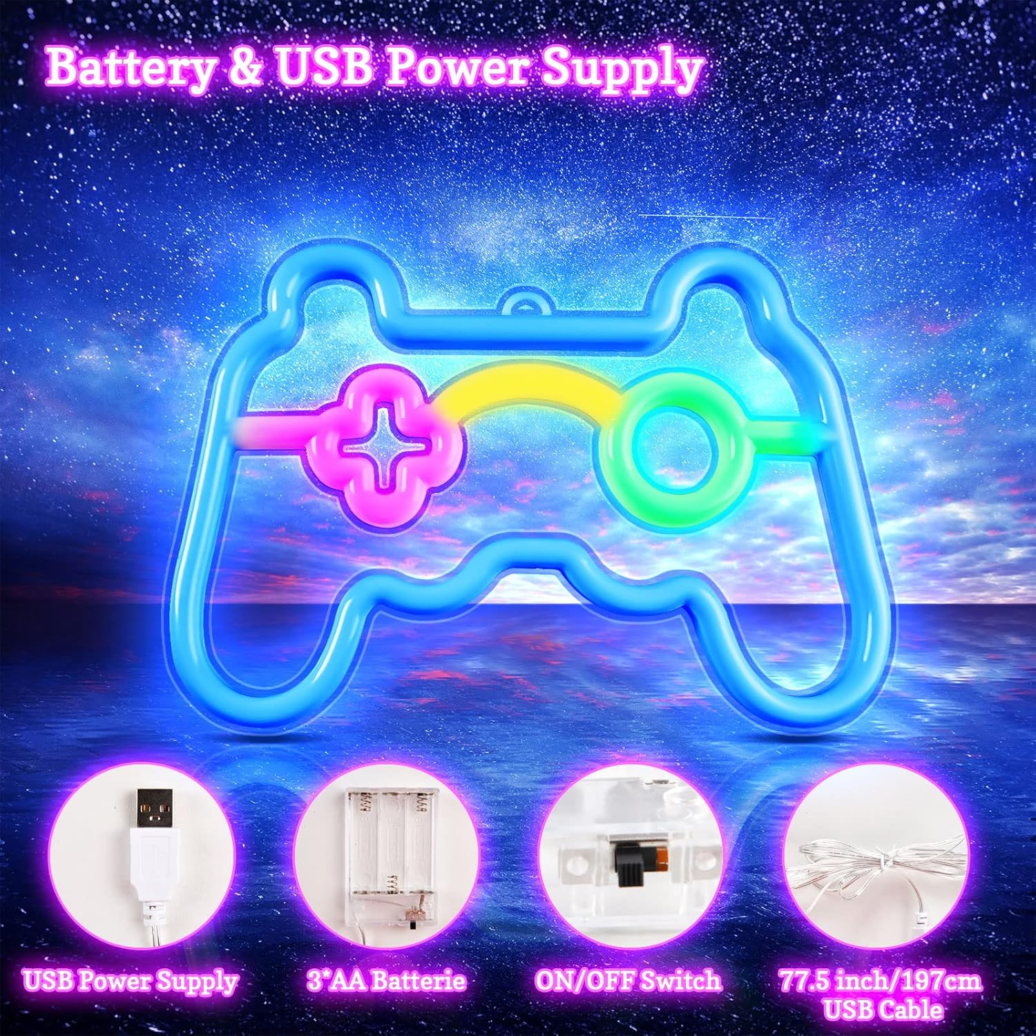 Vicloon Gamer Neon Sign, Gamepad Controller Shape - USB/Battery Powered LED Wall Light for Gaming Room Decor, Retro Arcade Gifts for Teens Boys Kids - Image 4