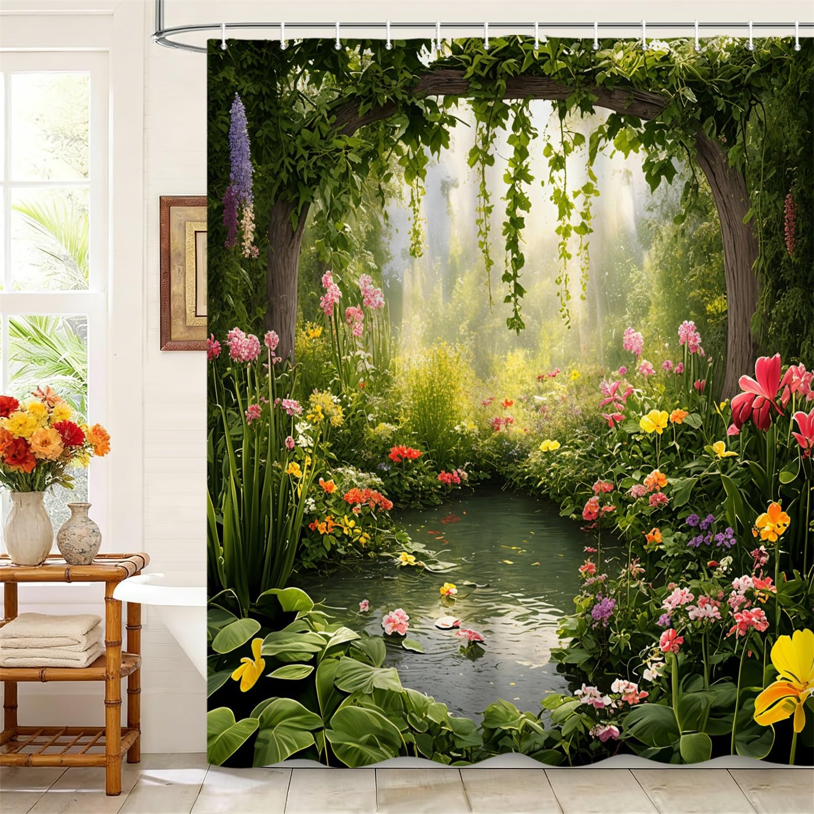Kzzfqxb 165x180cm Shower Curtains with Plastic Hooks, Lush Green Wonder Flowers Forest Lotus in Pond Oil Painting Occluded for Bathtub, Refreshing Beautiful Garden Polyester Fabric for Bathroom
