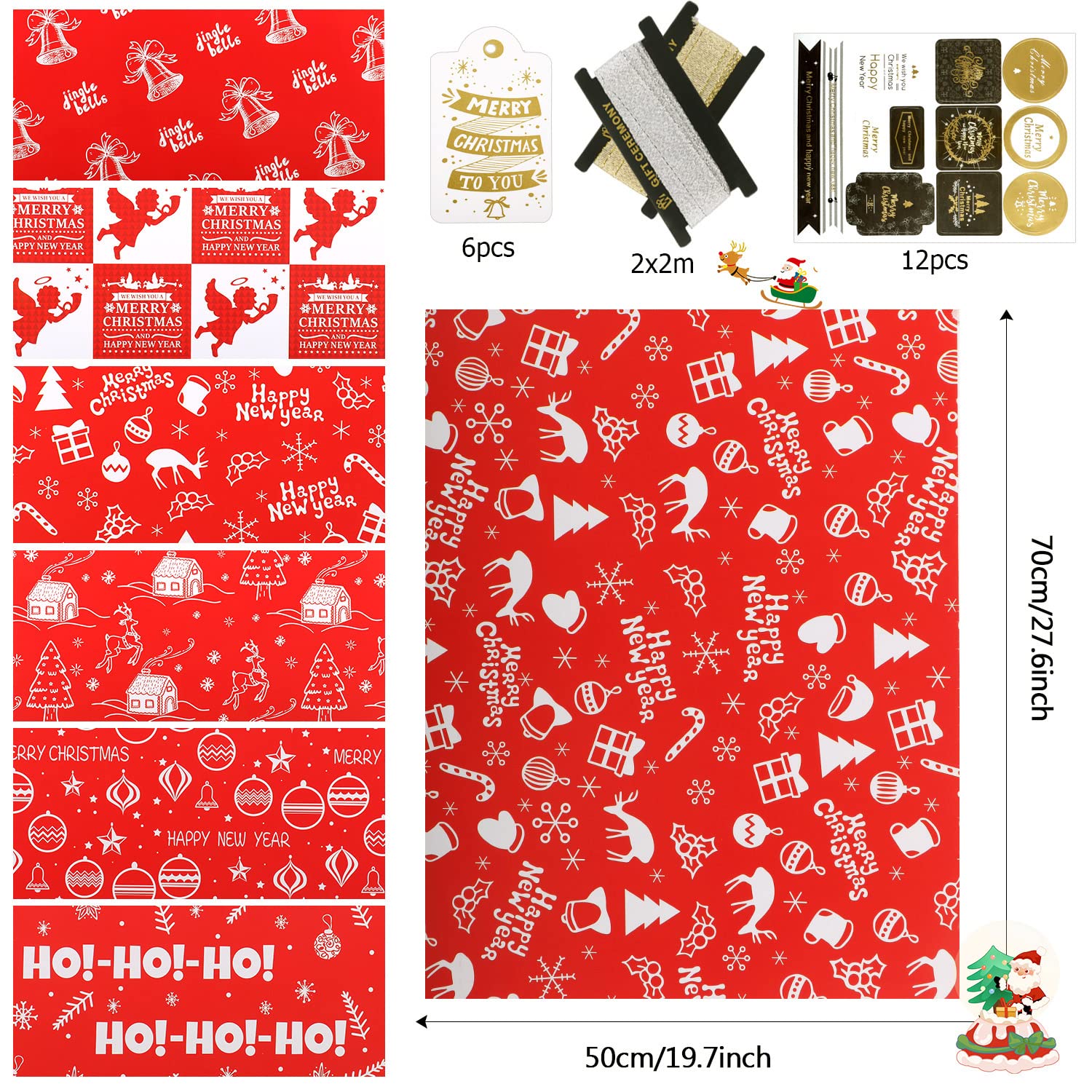 Amazon | MAMUNU クリスマス包装紙セット 6枚 レッド&ホワイト