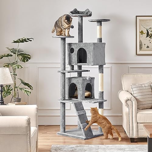 Vista 147 de Yaheetech Árbol para gatos de varios niveles de 70 pulgadas, torre alta para gatos con condominio, postes rascadores y bola colgante para gatos