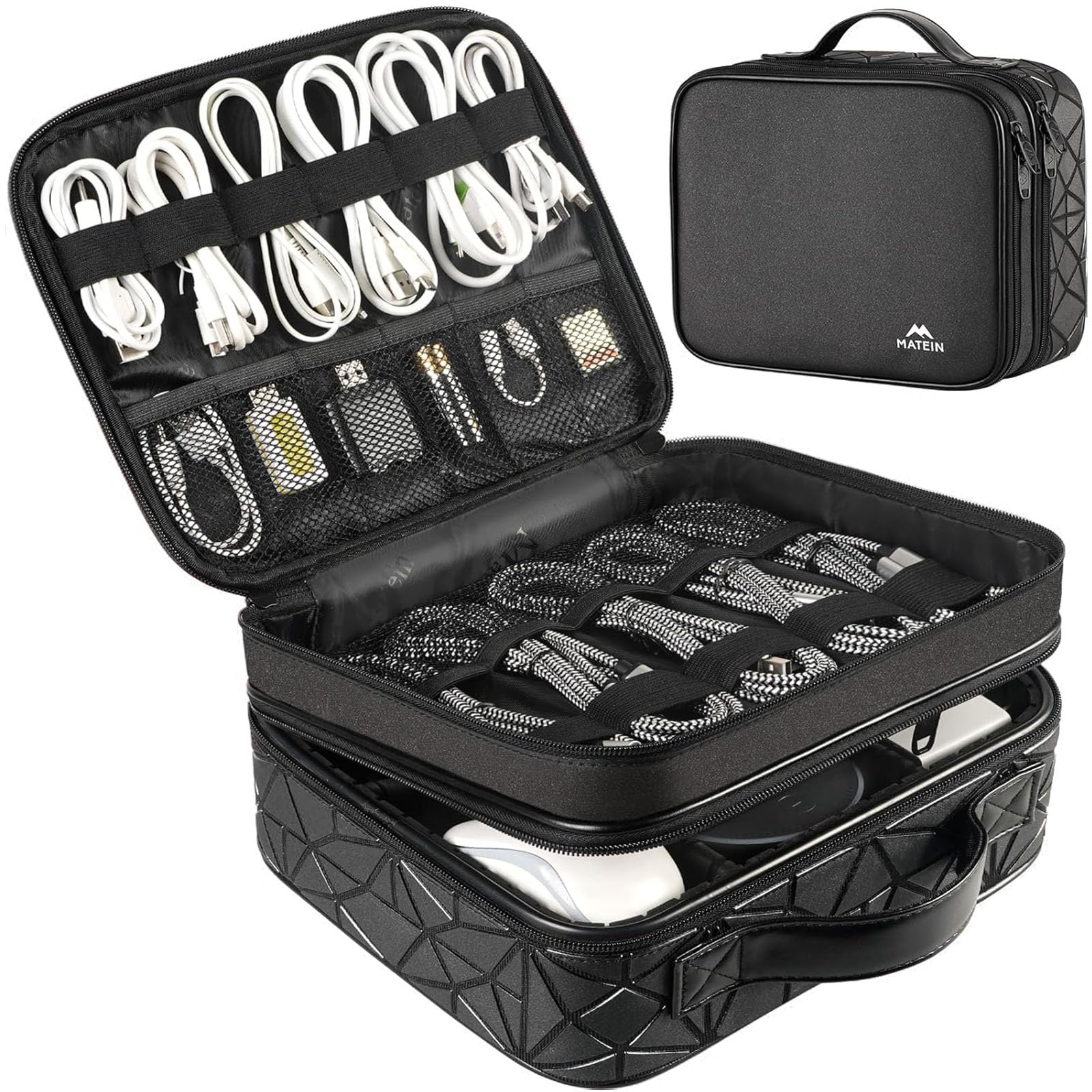 MATEIN Organizador Cables Viaje con Separadores Ajustables, Bolsa para Cables y Accesorios Electrónicos, Estuche Doble Capa Portátil Antigolpes Impermeable para Cargadores y Equipos de Música, Negro