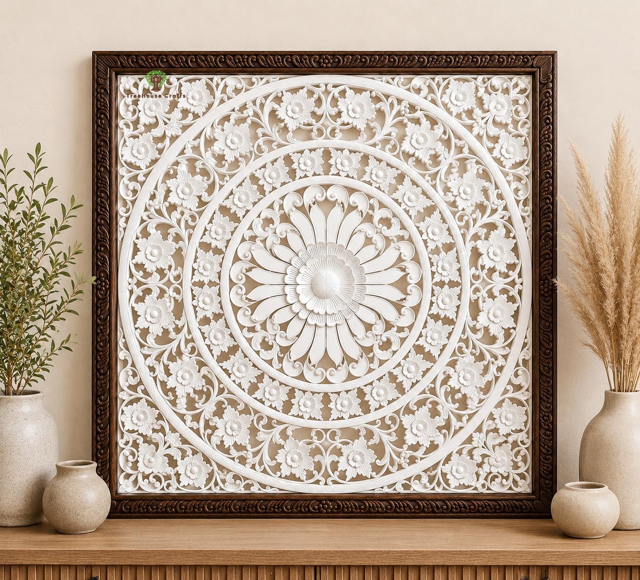 TreeHouse Crafts Hand Carved Wooden Wall Panel | Floral Mandala Design Wall Art | Solid Wood Decorative Wall Hanging | Traditional Indian Handicraft Wall Décor for Living Room, Bedroom, Hall, Office & Puja Room (Moroccan Pattern)-picture-12