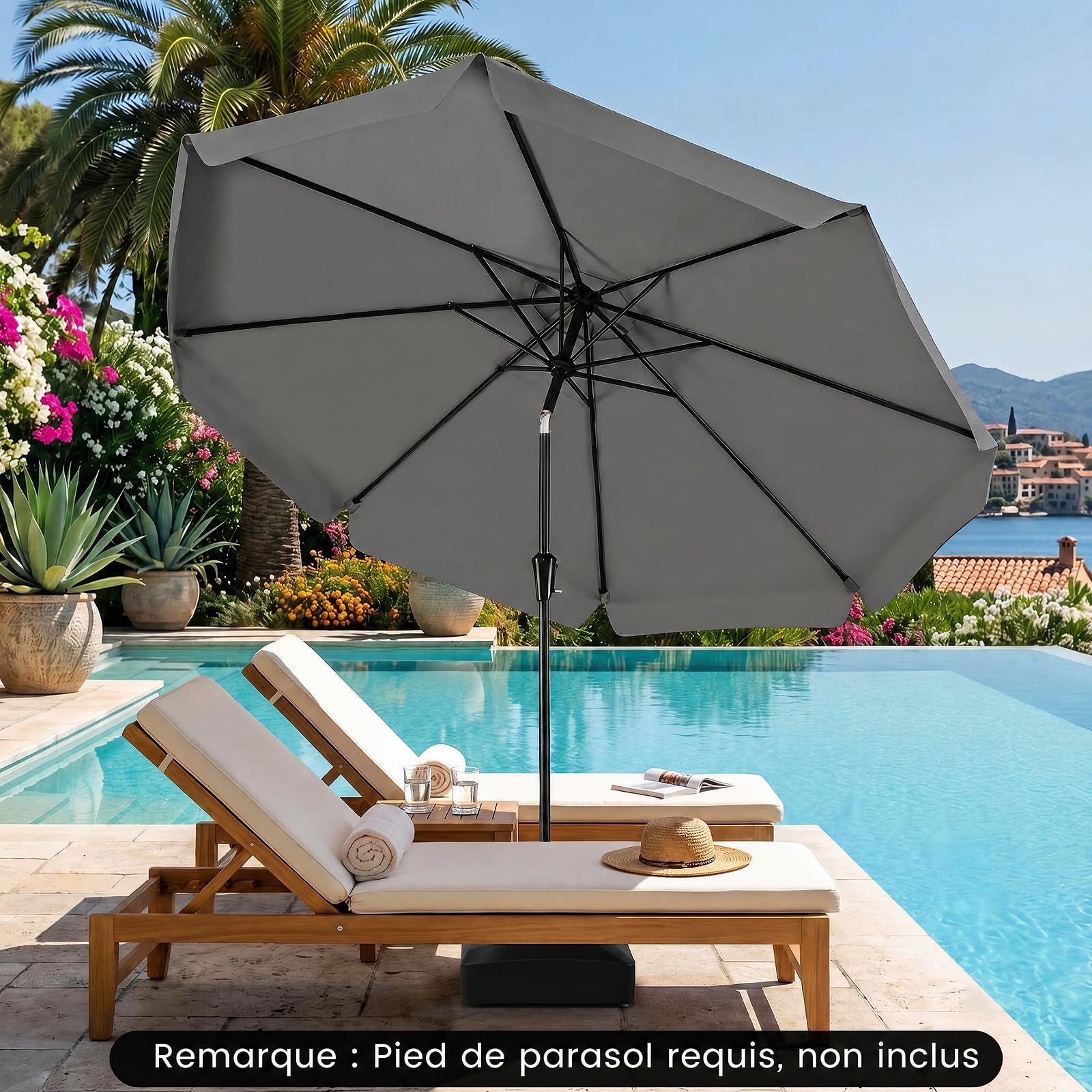 COSTWAY Parasol de Jardin Extérieur à Volant 3m, Parasol Inclinable 30° en Polyester, Manivelle Lisse, 8 Baleines, Protection Solaire&Résistant à l'Eau, pour Terrasse Piscine Plage