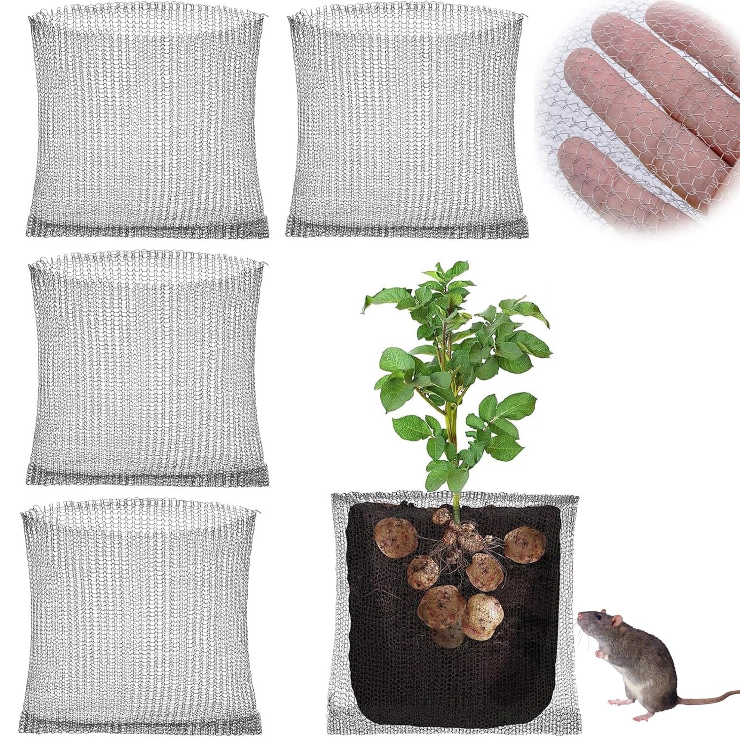Kosz na korzenie od myszy 4 szt. Ochrona korzeni roślin ze stali nierdzewnej, wielokrotnego użytku 45x40cm, bezpieczny ochraniacz przed myszami, odporny na rdzę i korozję, do ochrony korzeni drzew