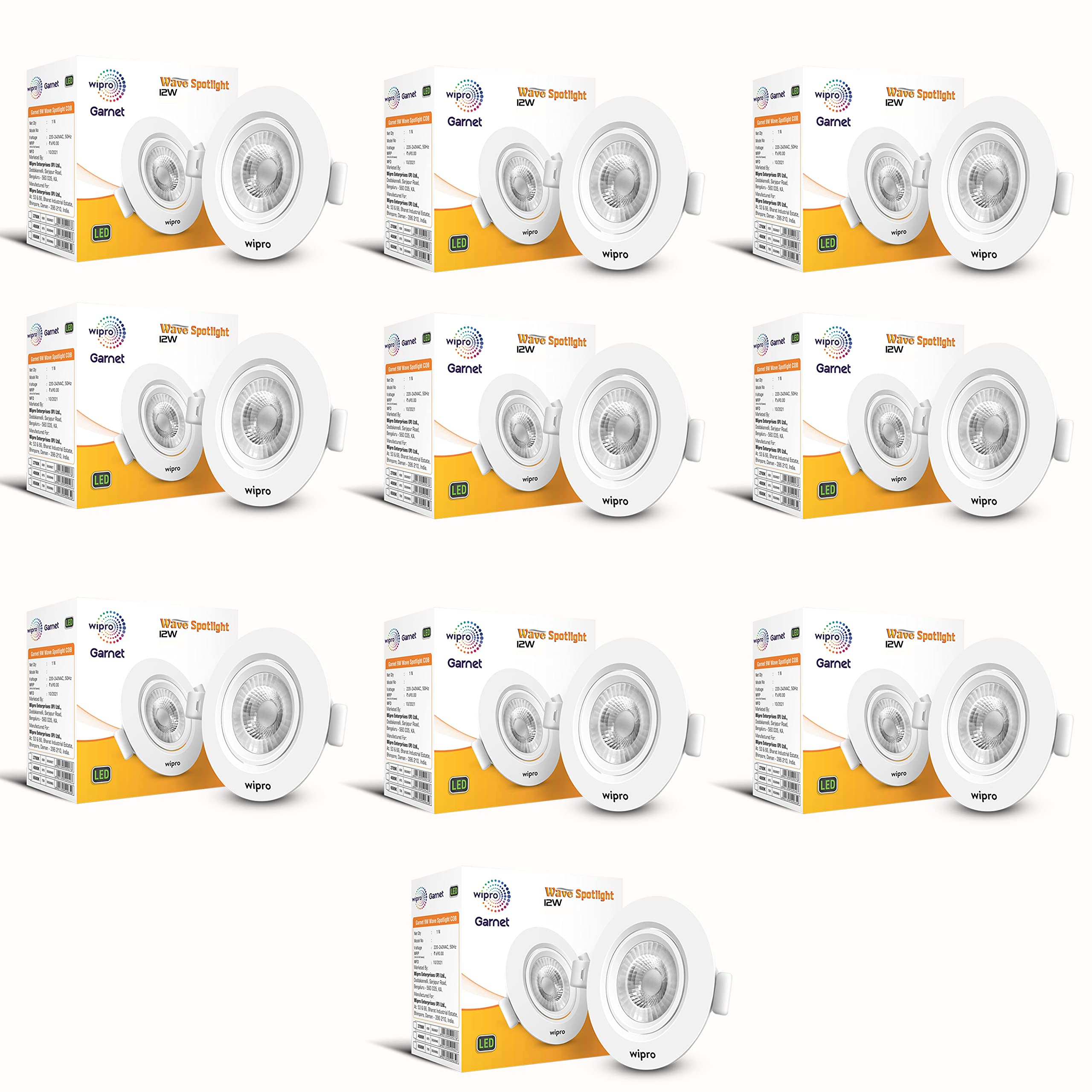 wipro garnet 12w round led wave spotlight |cob spotlight for ceiling|warm white light (2700k) | adjustable design | recessed tiltable downlighter for false ceiling | cutout - 125mm | pack of 10