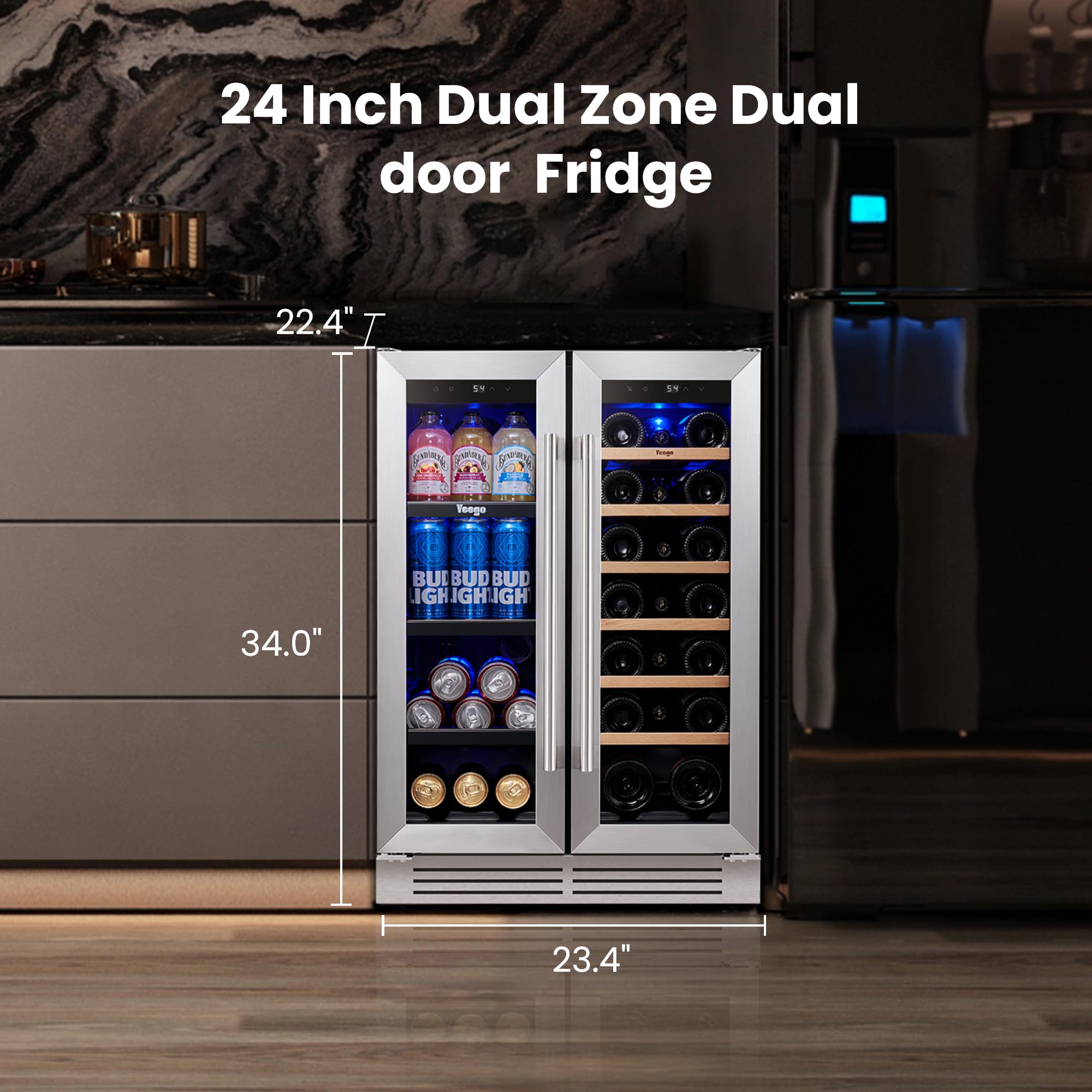 YEEGO Wine And Beverage Refrigerator, 24 Inch Dual Zone Wine Fridge With Glass Door, 36-72℉ Beer Cooler Holds 20 Bottles And 60 Cans, Built-In Or Freestanding Beverage Cooler For Home Bar Office on Fridge.com - View 2