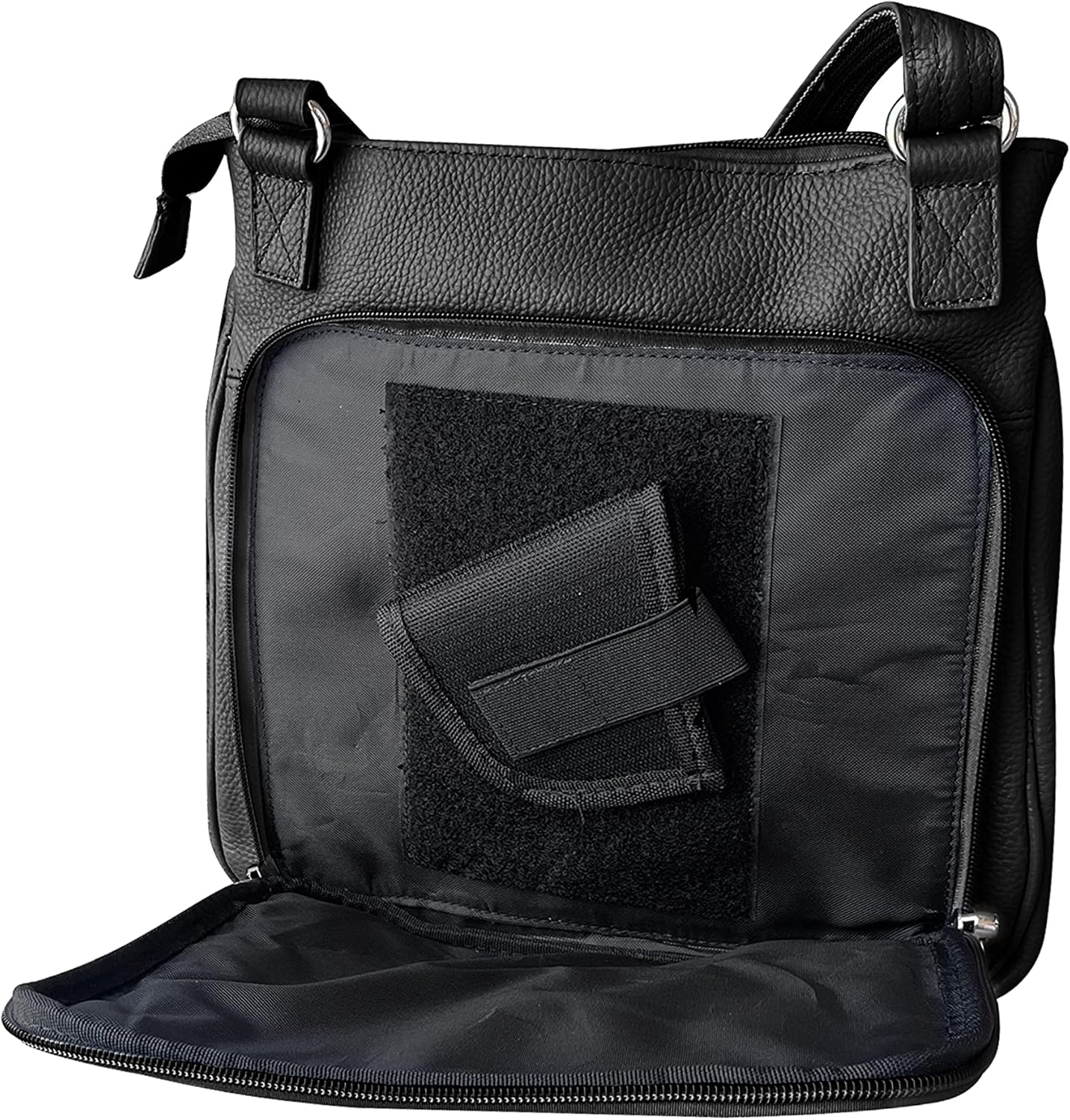 Cowhide leather Concealment Purse CCW Lockable Conceal Carry Gun Bag with Wire Reinforcement Strap (Black)