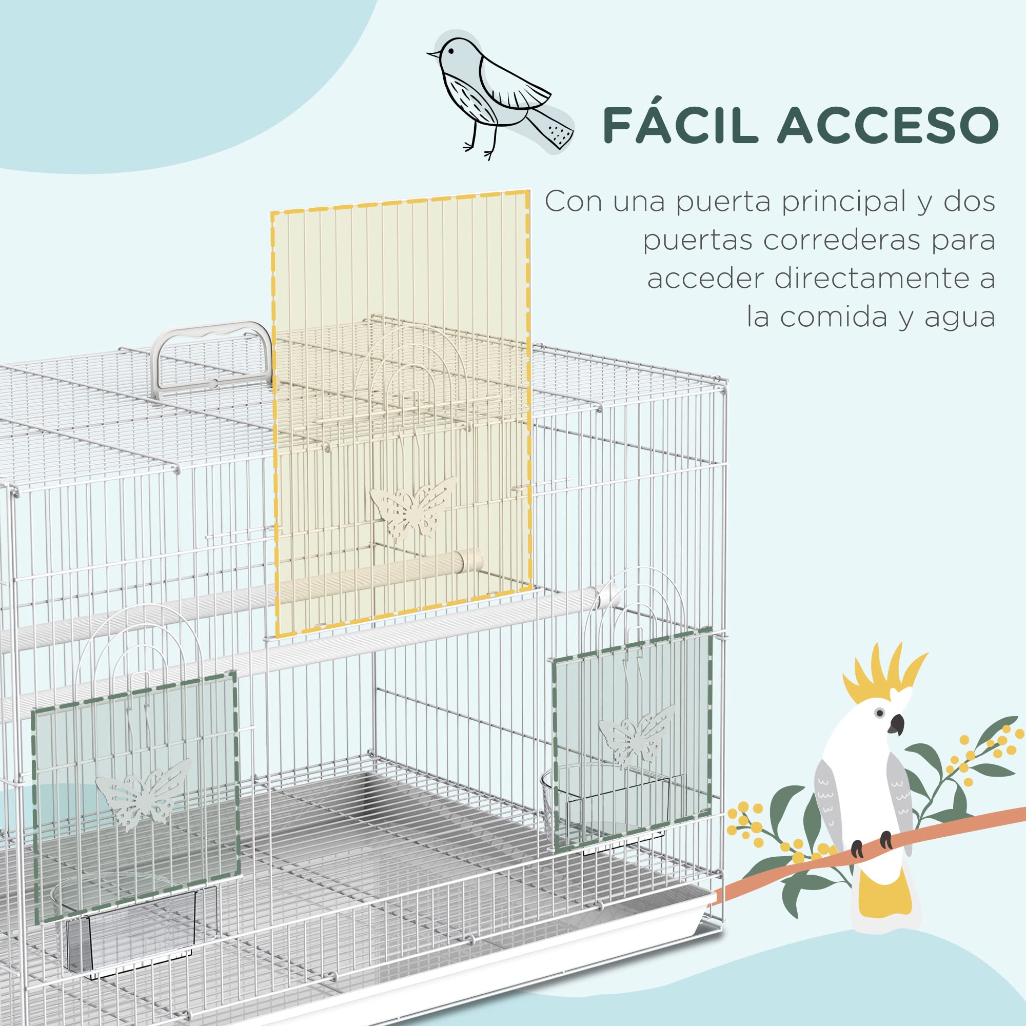 PawHut Jaula Pajaros 60x41x41cm Pajarera Pajaro Loros Canarios Cotorras Hierro Blanco