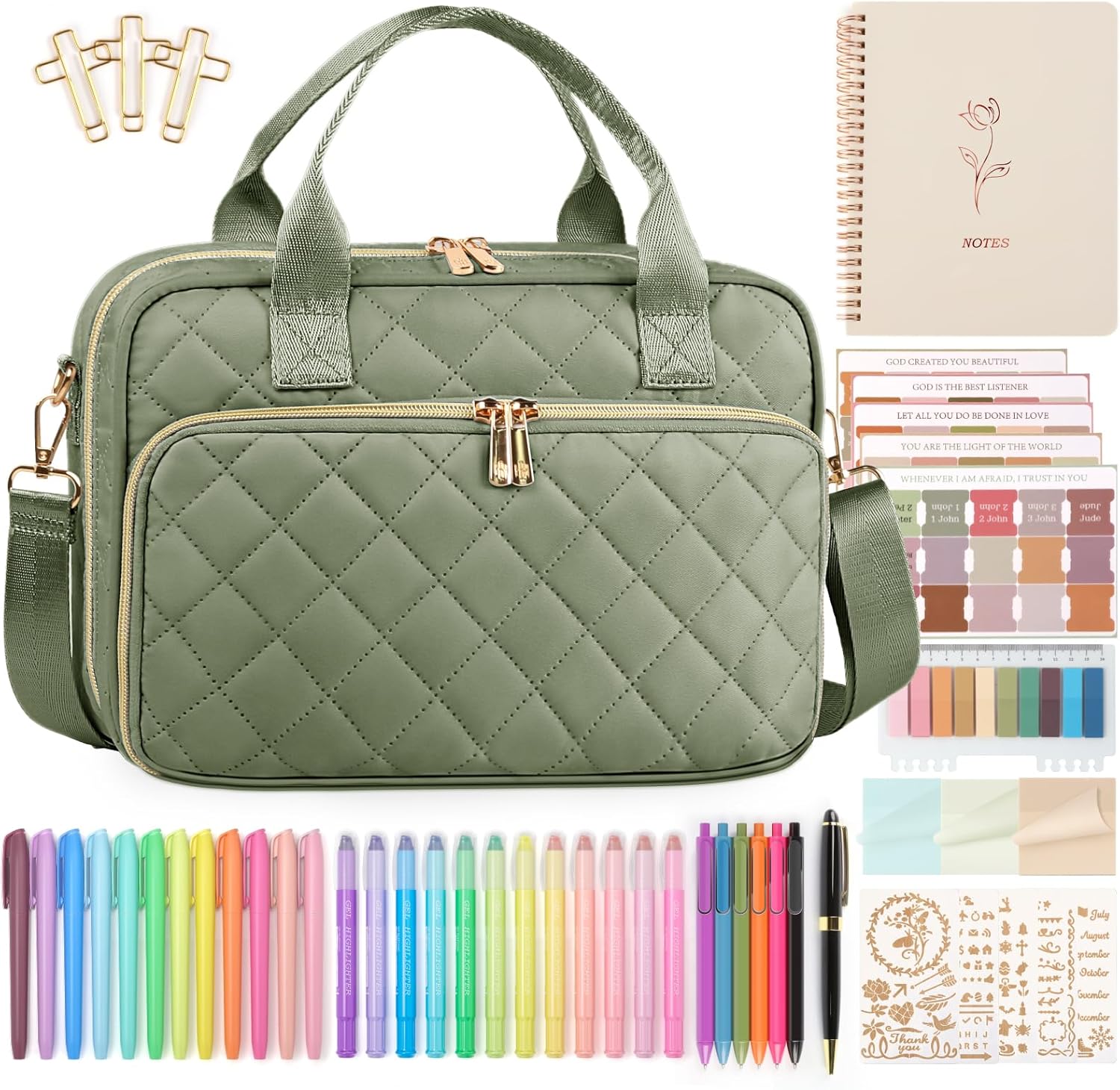 BellaHold All-in-One Bible Journaling Kit – Quilted Bible Cover Case for Women, 31 Highlighters, 75 Tabs, Bible Study Supplies & Christian Gift for Women and Teens (Shoulder Strap, Olive Green)