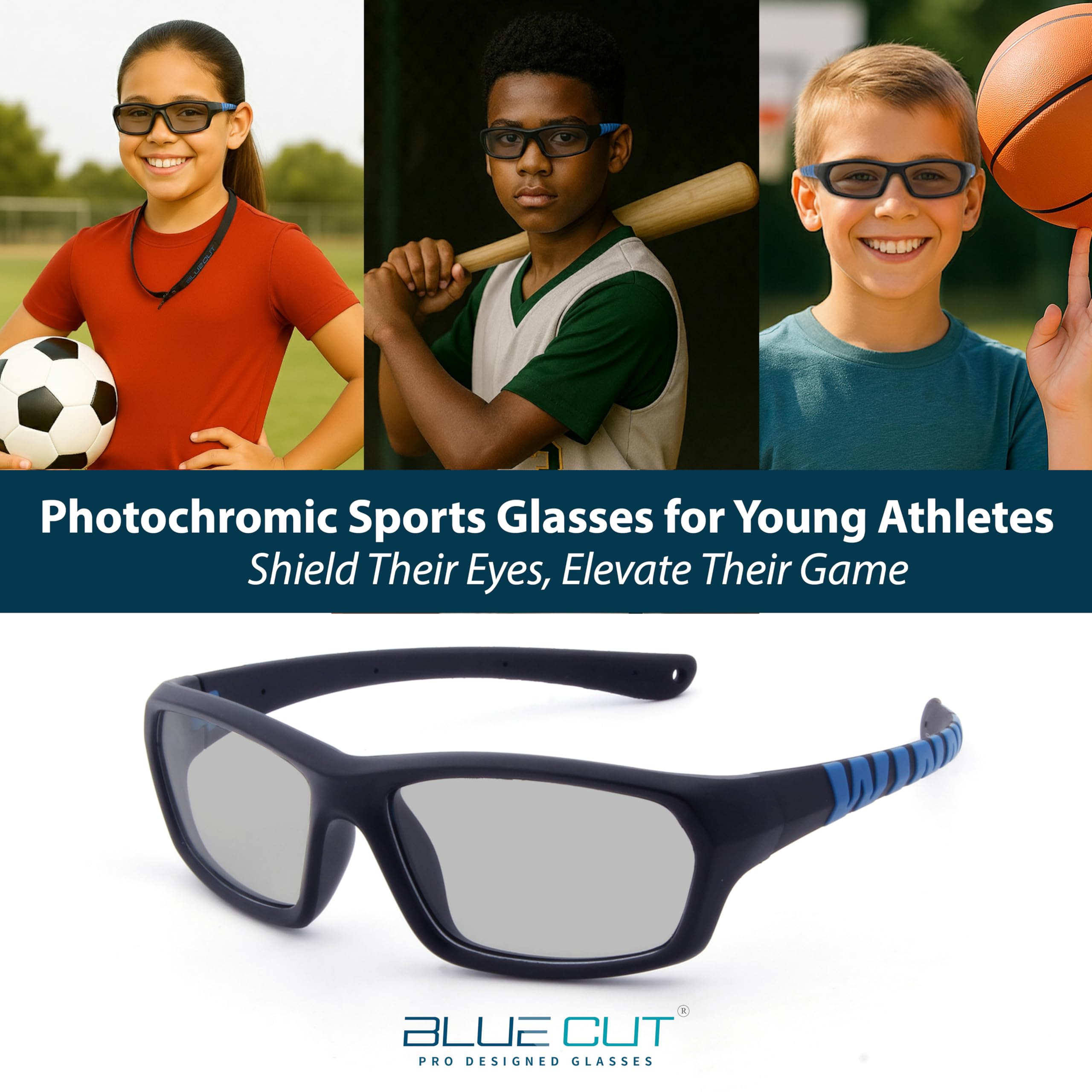 BLUE CUT Lunettes de protection pour enfants – Lunettes de sécurité photochromiques pour enfants, basket-ball, baseball et sports de plein air