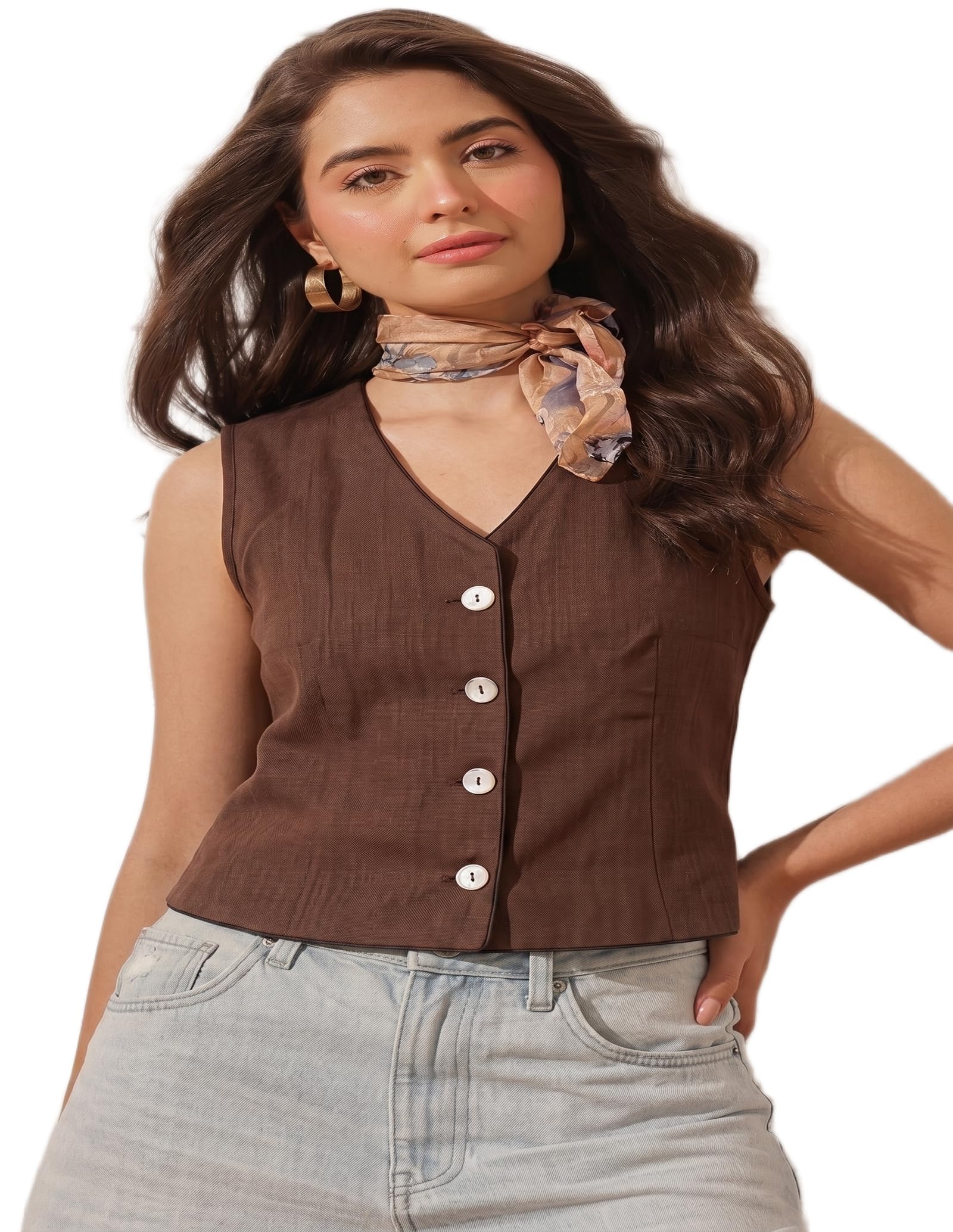 Women's Trendy Brown Waistcoat Vest, V-Neck Sleeveless Button-Down Top-image-14