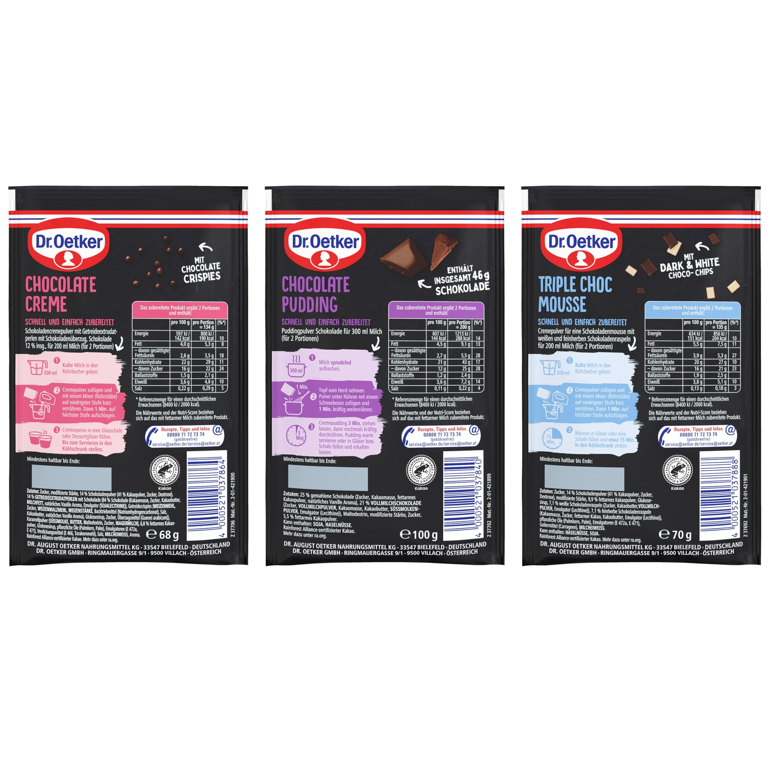 Dr. Oetker OH MY CHOC! 15er Probier-Set, 5 x Chocolate Creme, 5 x Chocolate Pudding, 5 x Triple Choc Mousse, Dessertpulver für Schoko-Creme, Schoko-Pudding und Schokoladenmousse