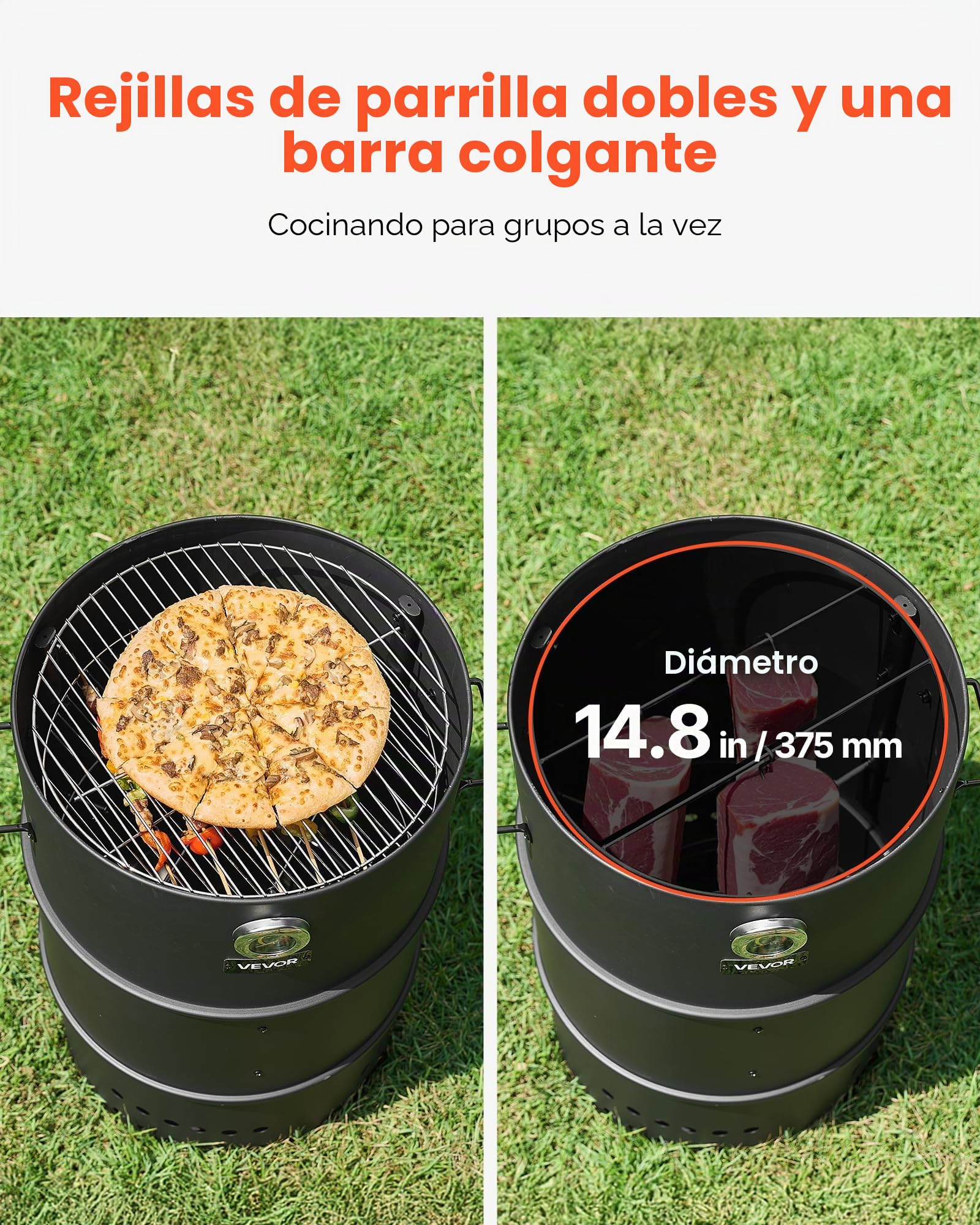 VEVOR Ahumador de Carbón, con Revestimiento de Acero, 2 Parrillas de Cocción, Barra para Colgar, 6 Ganchos, Termómetro, Ideal para Fiestas y Asados, Patio, Jardín y Camping, 565 x 480 x 870 mm