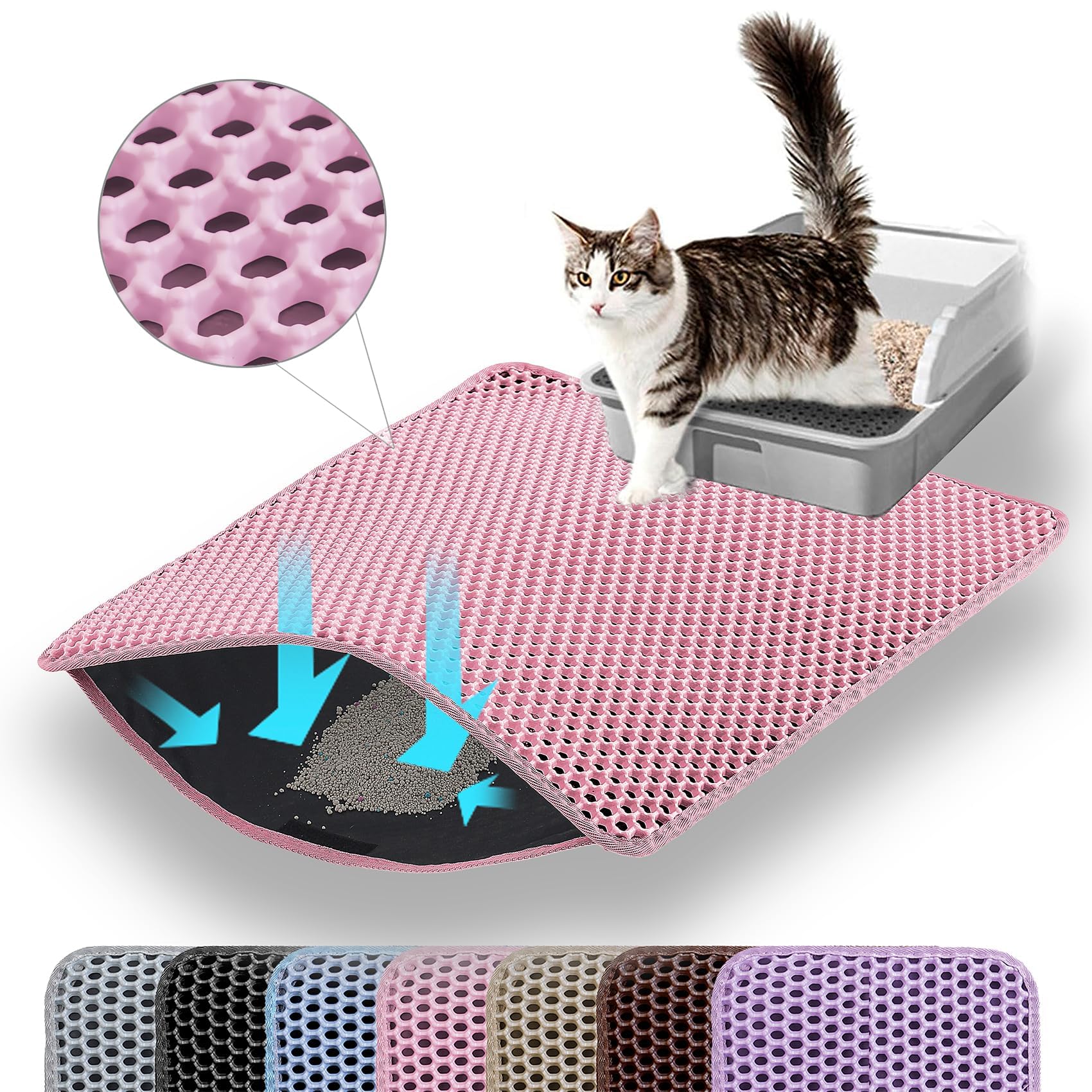 Petinstinct Small Cat Litter Mat, 20x14’’ Double Layer Honeycomb Cat Litter Box Mat, Non Slip Waterproof Urine Proof Litter Trapping Mat for Floor, Kitty Litter Pad, Indoor Pet Supplies, Pink